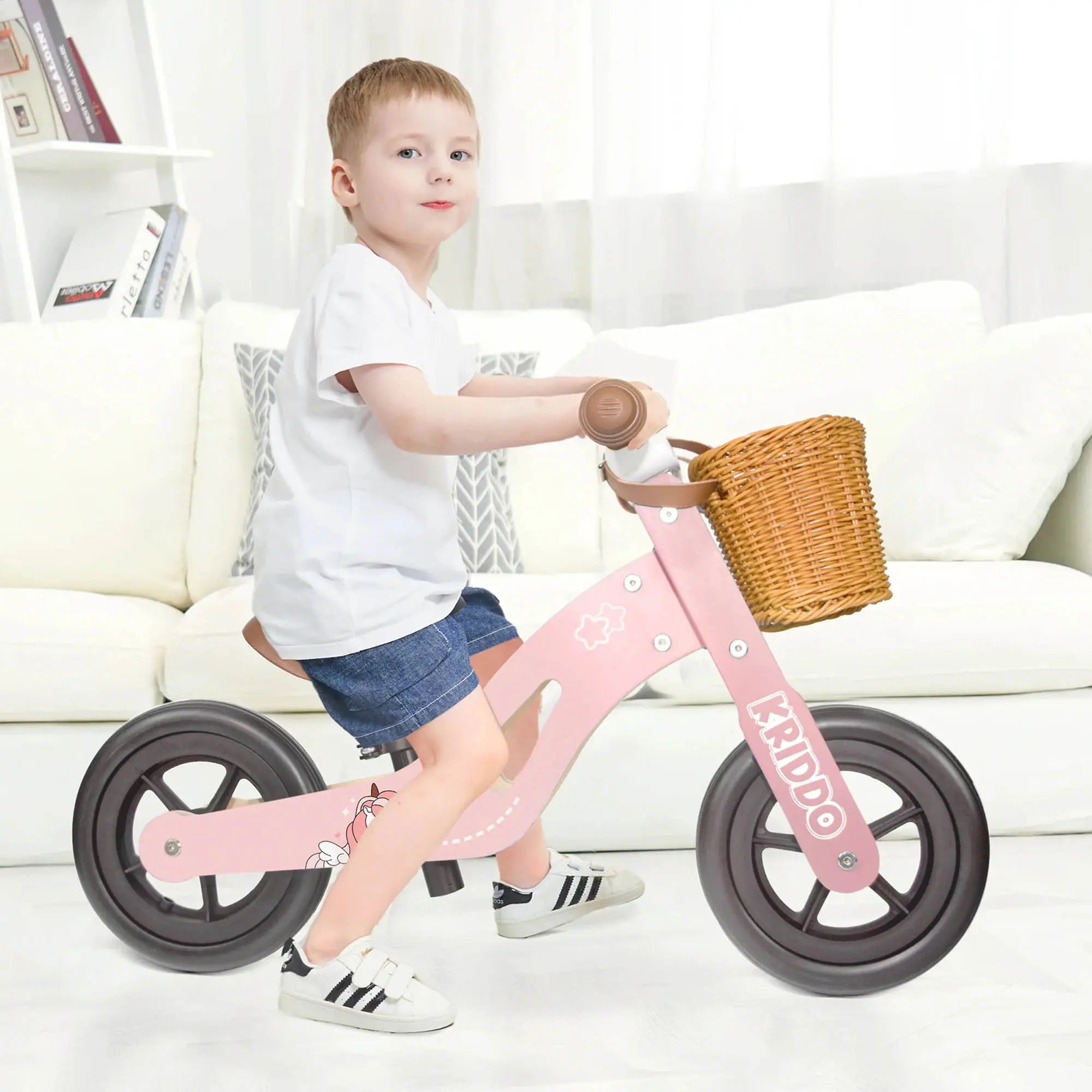 KRIDDO Kids Wooden Tricycle with Adjustable Seat for 1 to 4 Years Old Pink