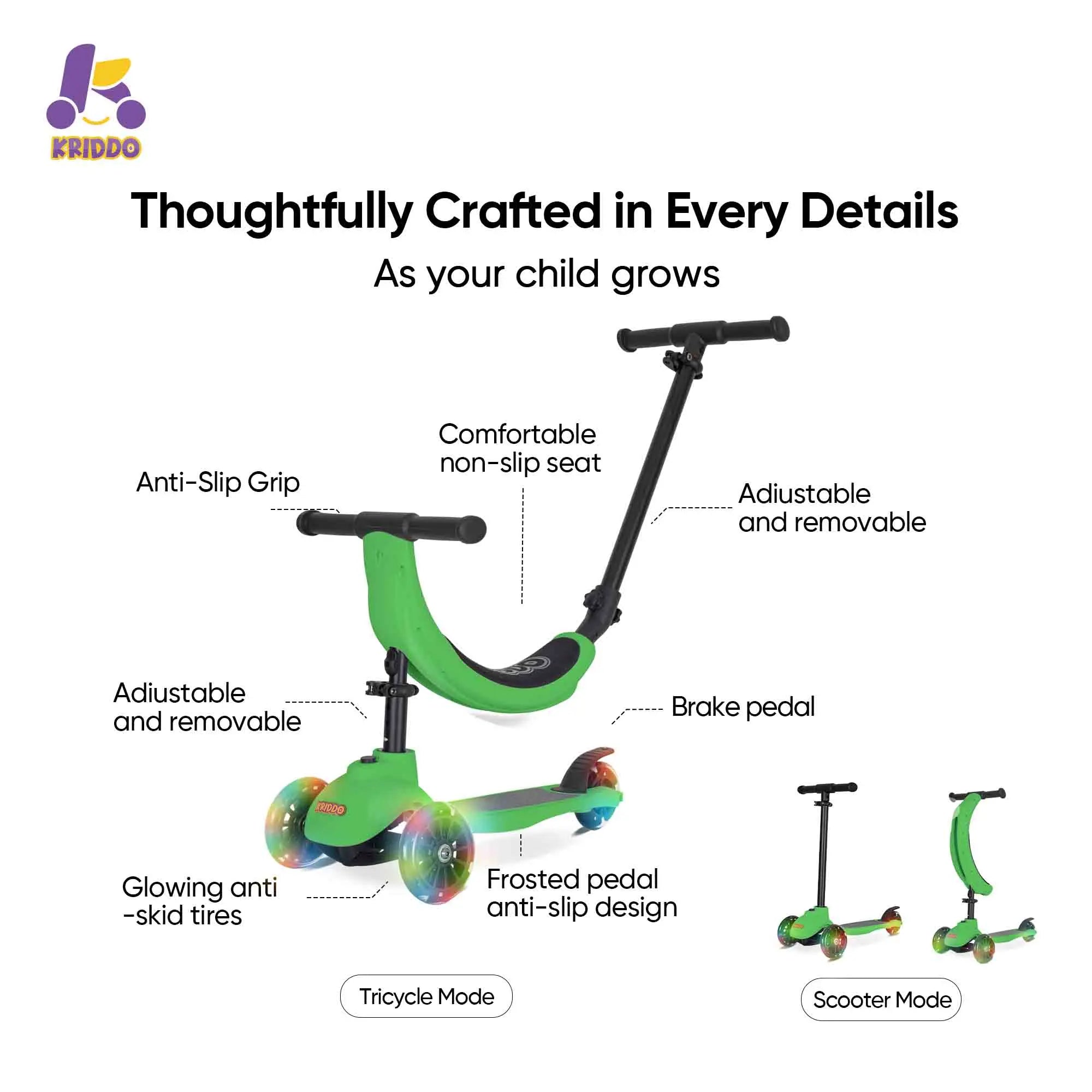 KRIDDO Kids Scooters with Removable Seat for 1.5 to 5 Years Old 5-in-1 Green