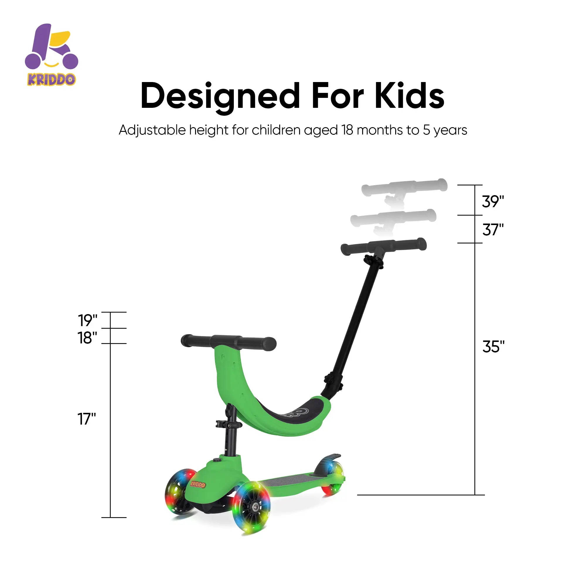 KRIDDO Kids Scooters with Removable Seat for 1.5 to 5 Years Old 5-in-1 Green
