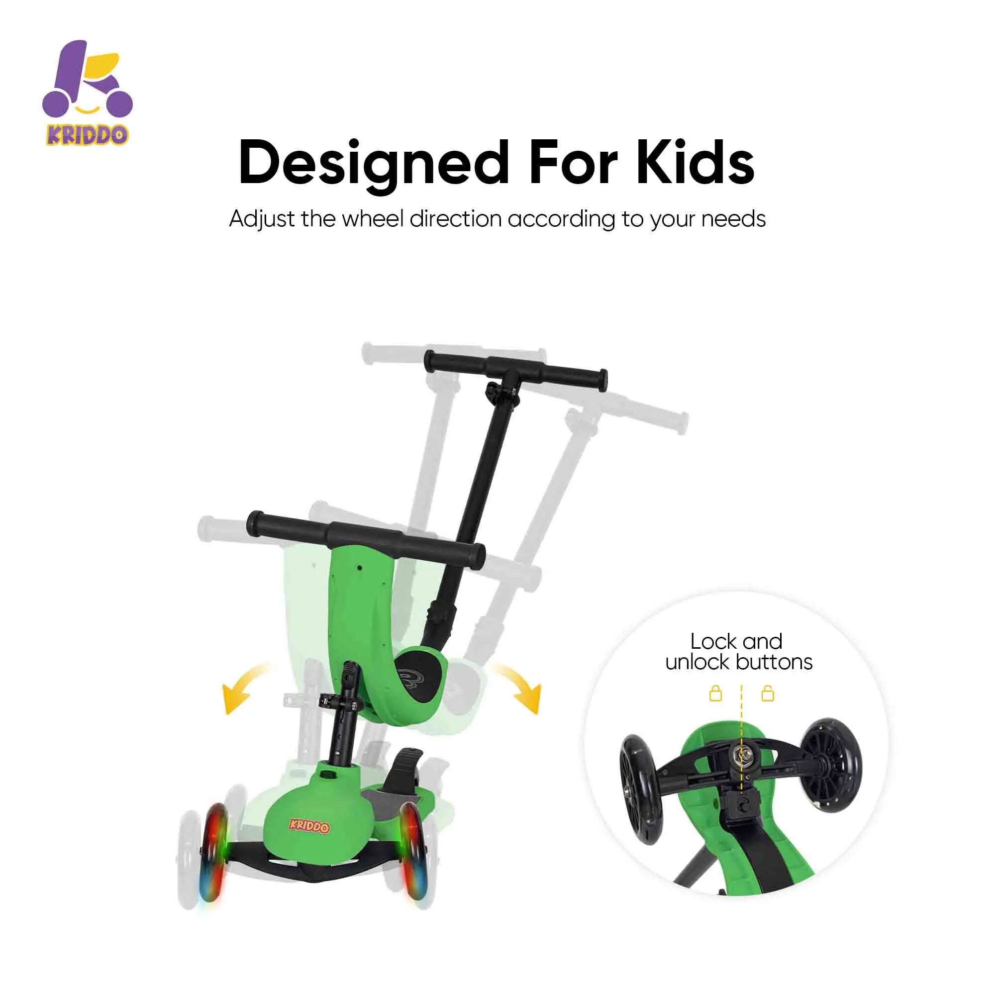 KRIDDO Kids Scooters with Removable Seat for 1.5 to 5 Years Old 5-in-1 Green
