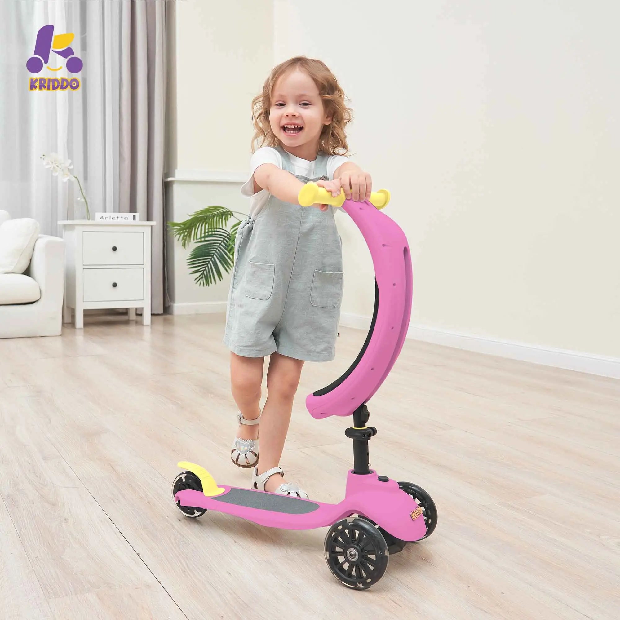 KRIDDO Kids Scooters with Removable Seat for 1.5 to 5 Years Old 5-in-1 Pink