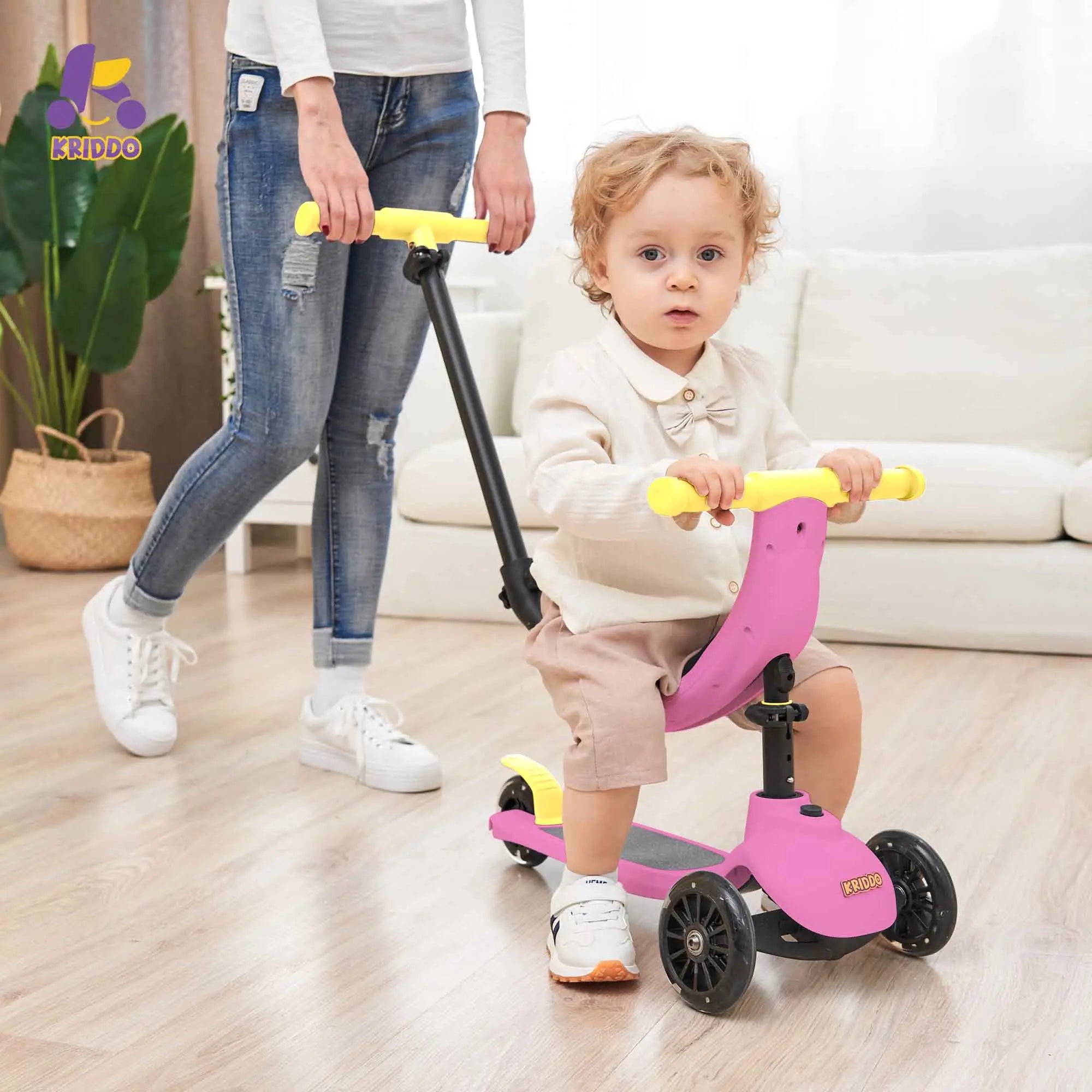 KRIDDO Kids Scooters with Removable Seat for 1.5 to 5 Years Old 5-in-1 Pink