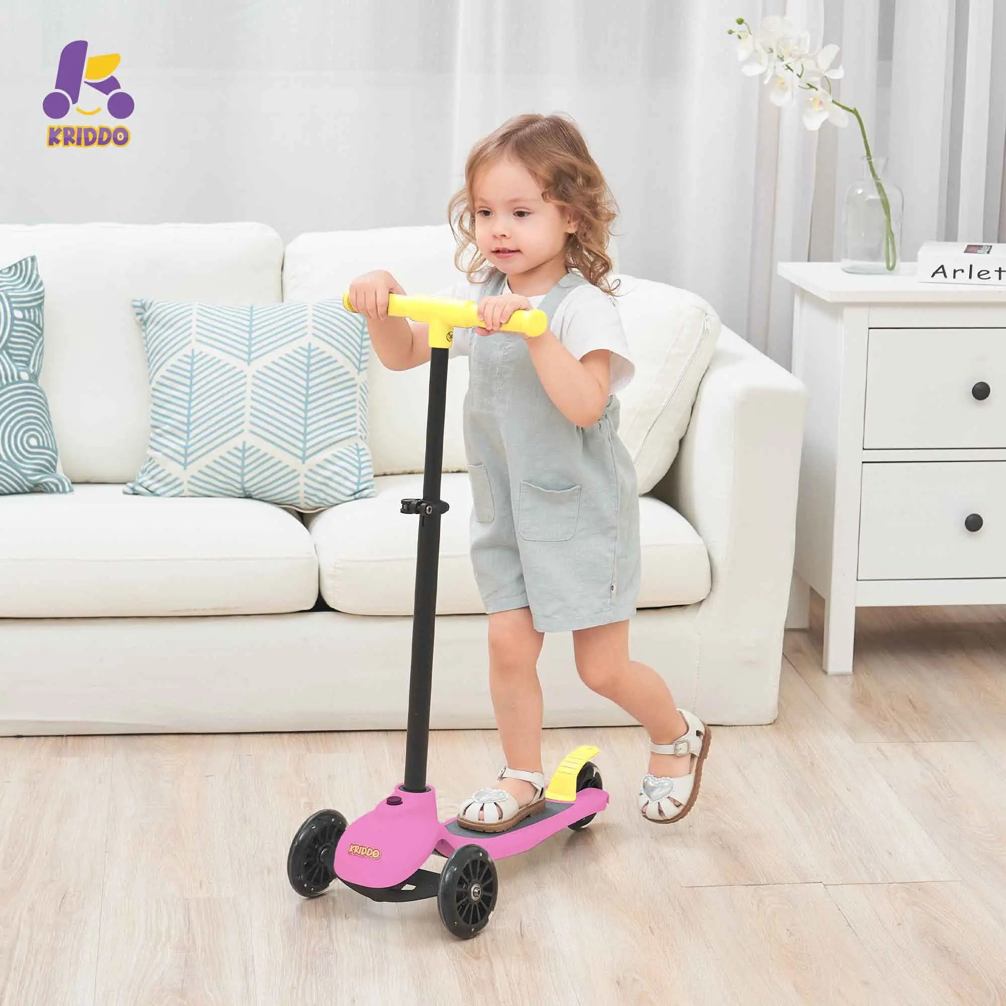 KRIDDO Kids Scooters with Removable Seat for 1.5 to 5 Years Old 5-in-1 Pink