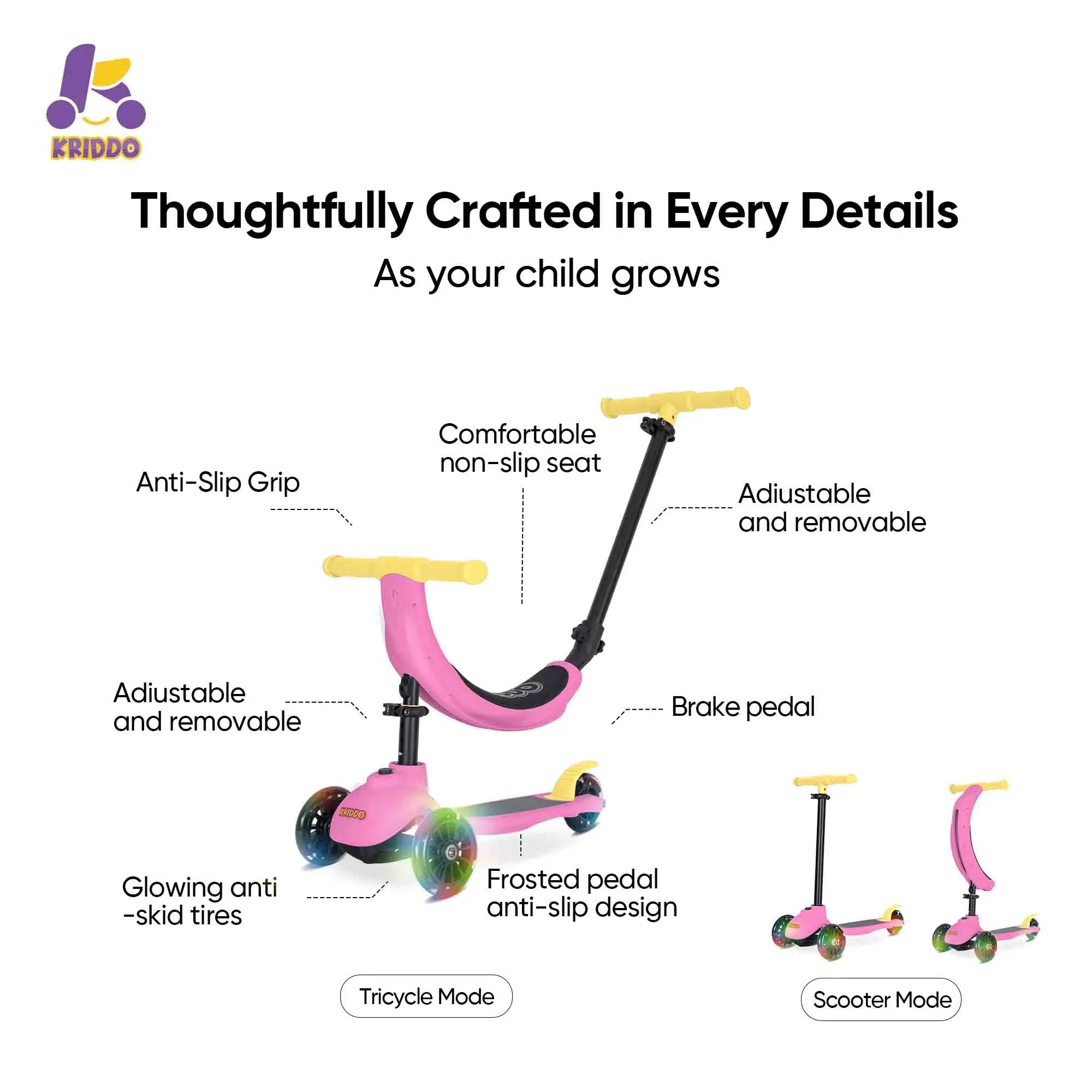 KRIDDO Kids Scooters with Removable Seat for 1.5 to 5 Years Old 5-in-1 Pink