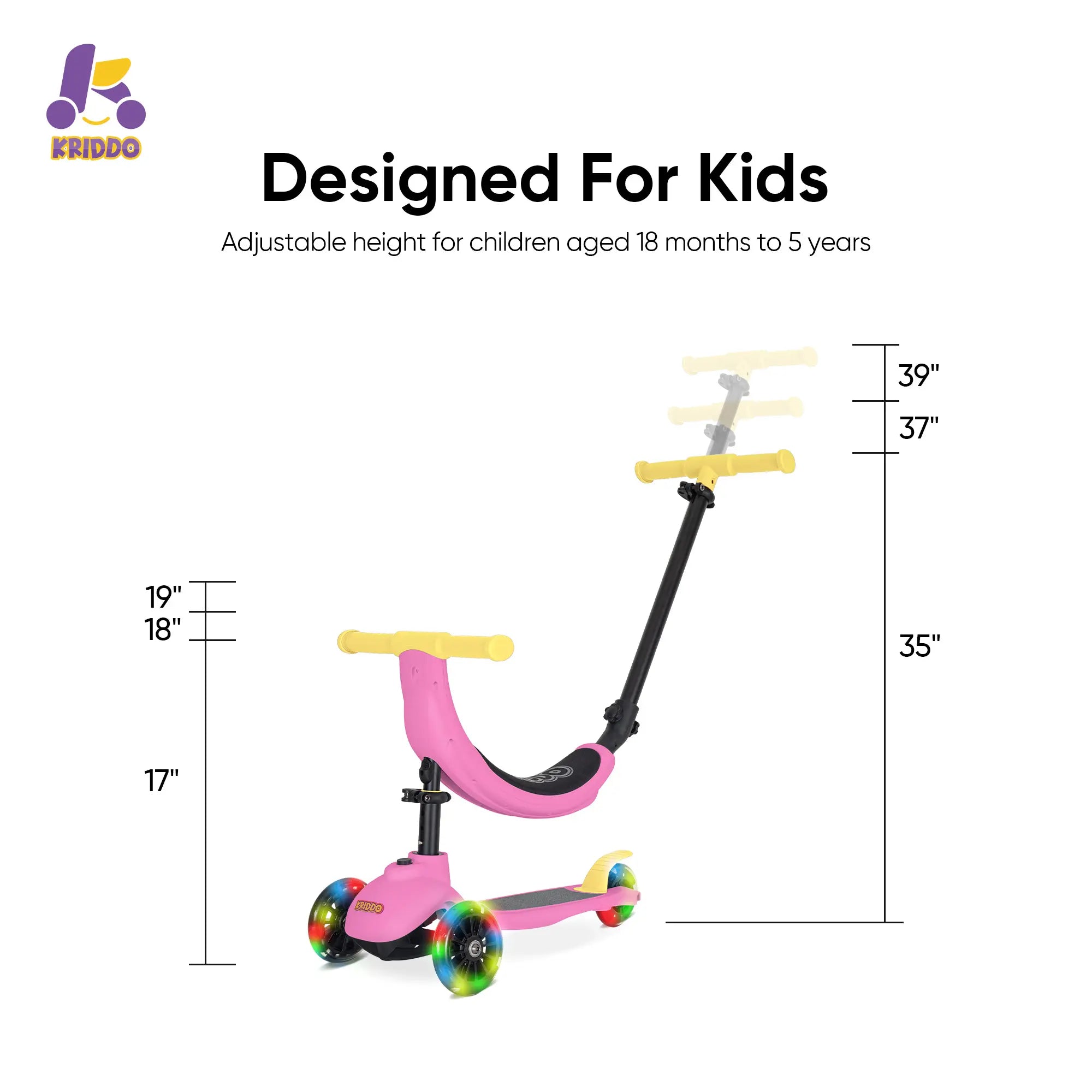 KRIDDO Kids Scooters with Removable Seat for 1.5 to 5 Years Old 5-in-1 Pink