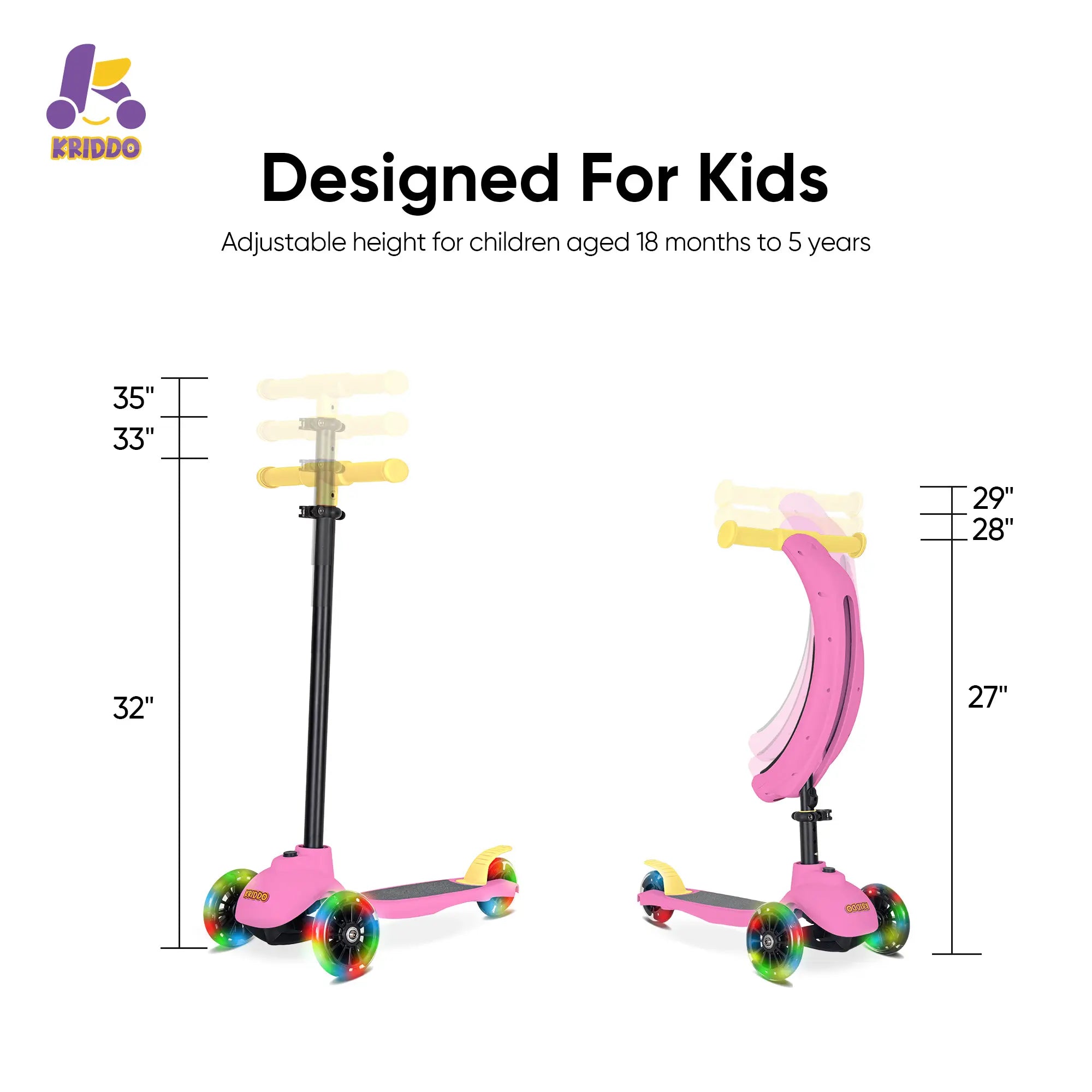 KRIDDO Kids Scooters with Removable Seat for 1.5 to 5 Years Old 5-in-1 Pink