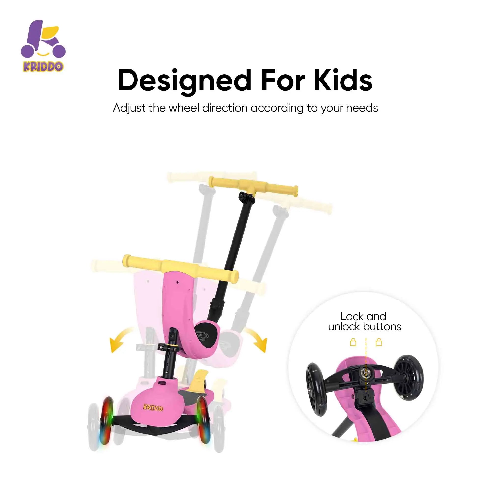 KRIDDO Kids Scooters with Removable Seat for 1.5 to 5 Years Old 5-in-1 Pink