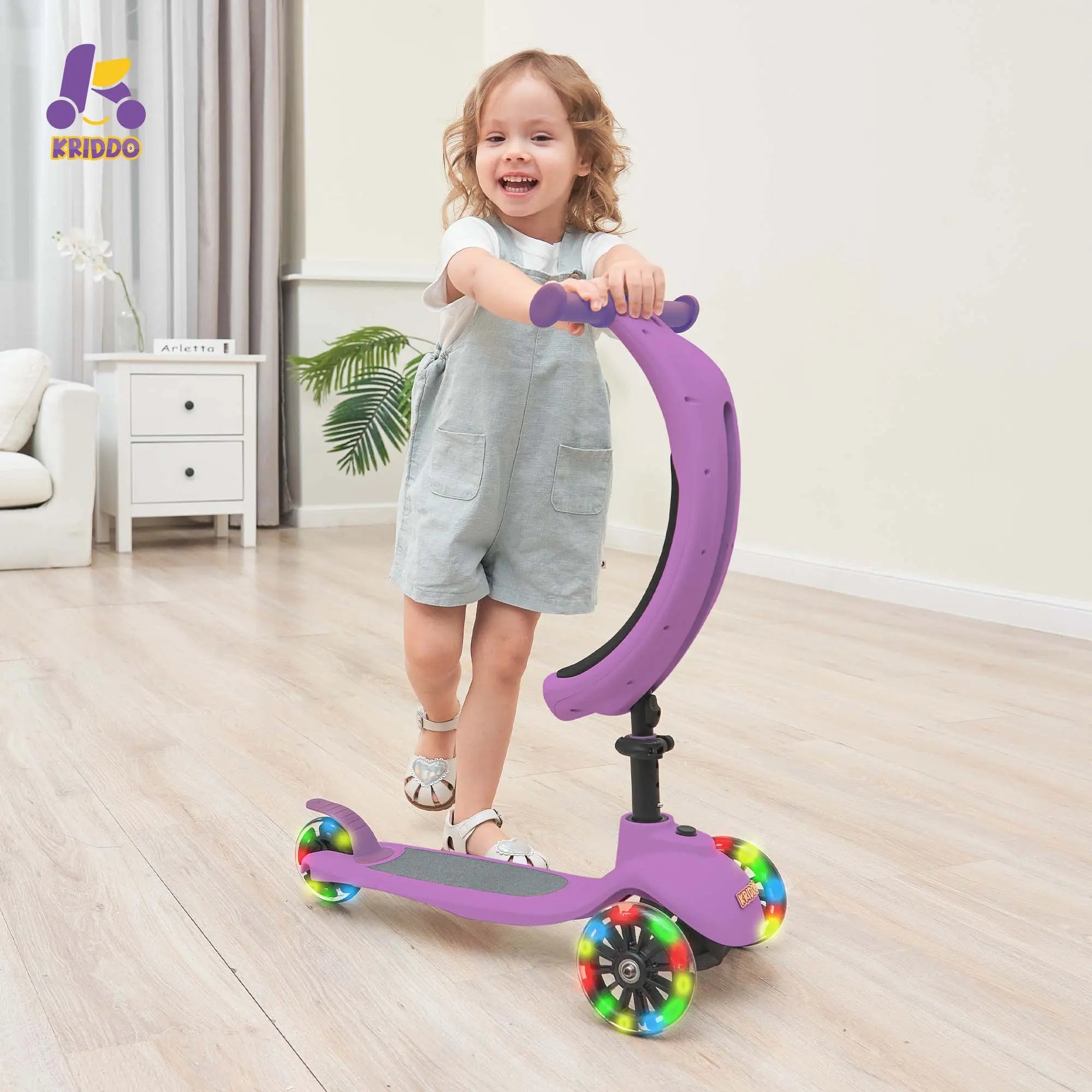 KRIDDO Kids Scooters with Removable Seat for 1.5 to 5 Years Old 5-in-1 Purple