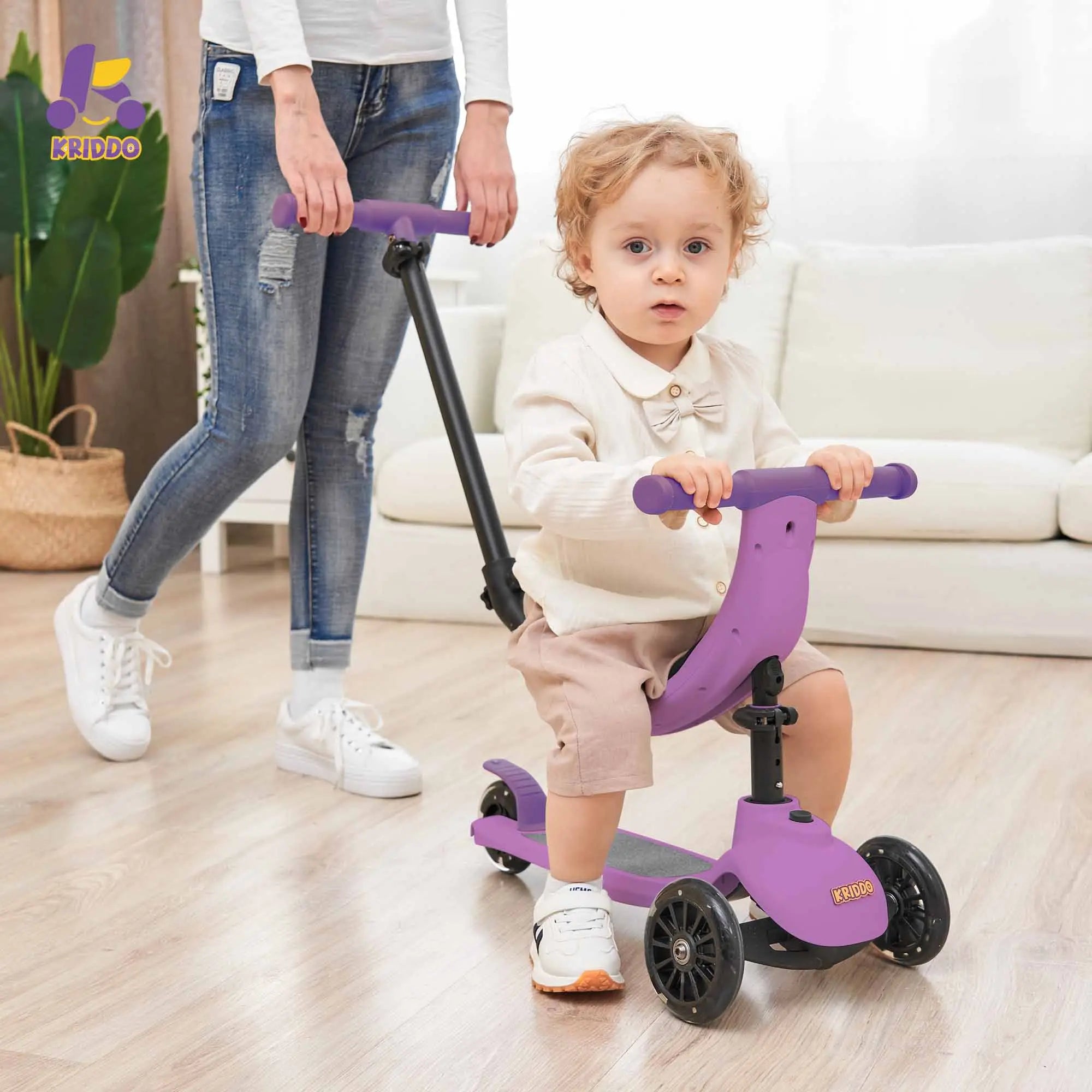 KRIDDO Kids Scooters with Removable Seat for 1.5 to 5 Years Old 5-in-1 Purple