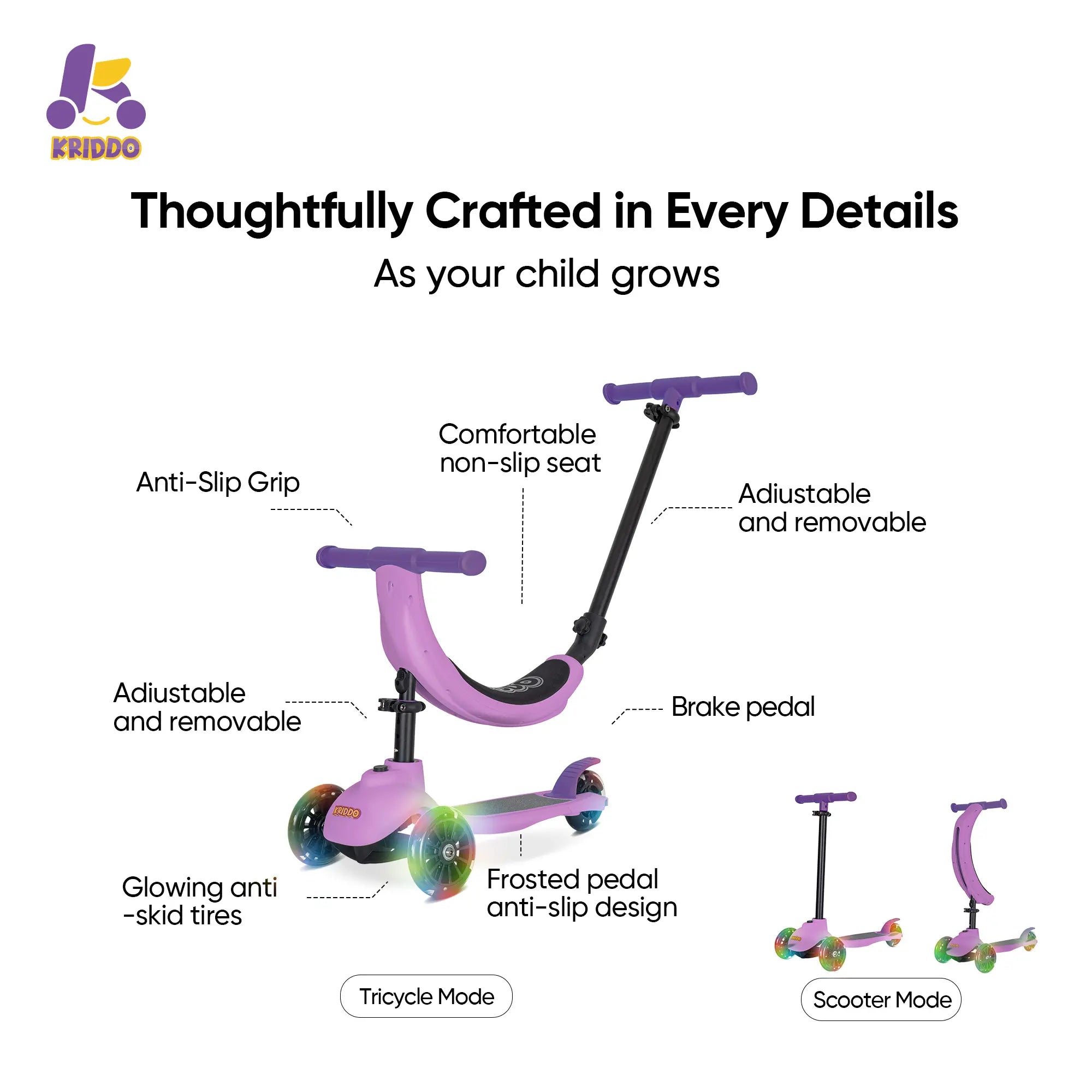 KRIDDO Kids Scooters with Removable Seat for 1.5 to 5 Years Old 5-in-1 Purple