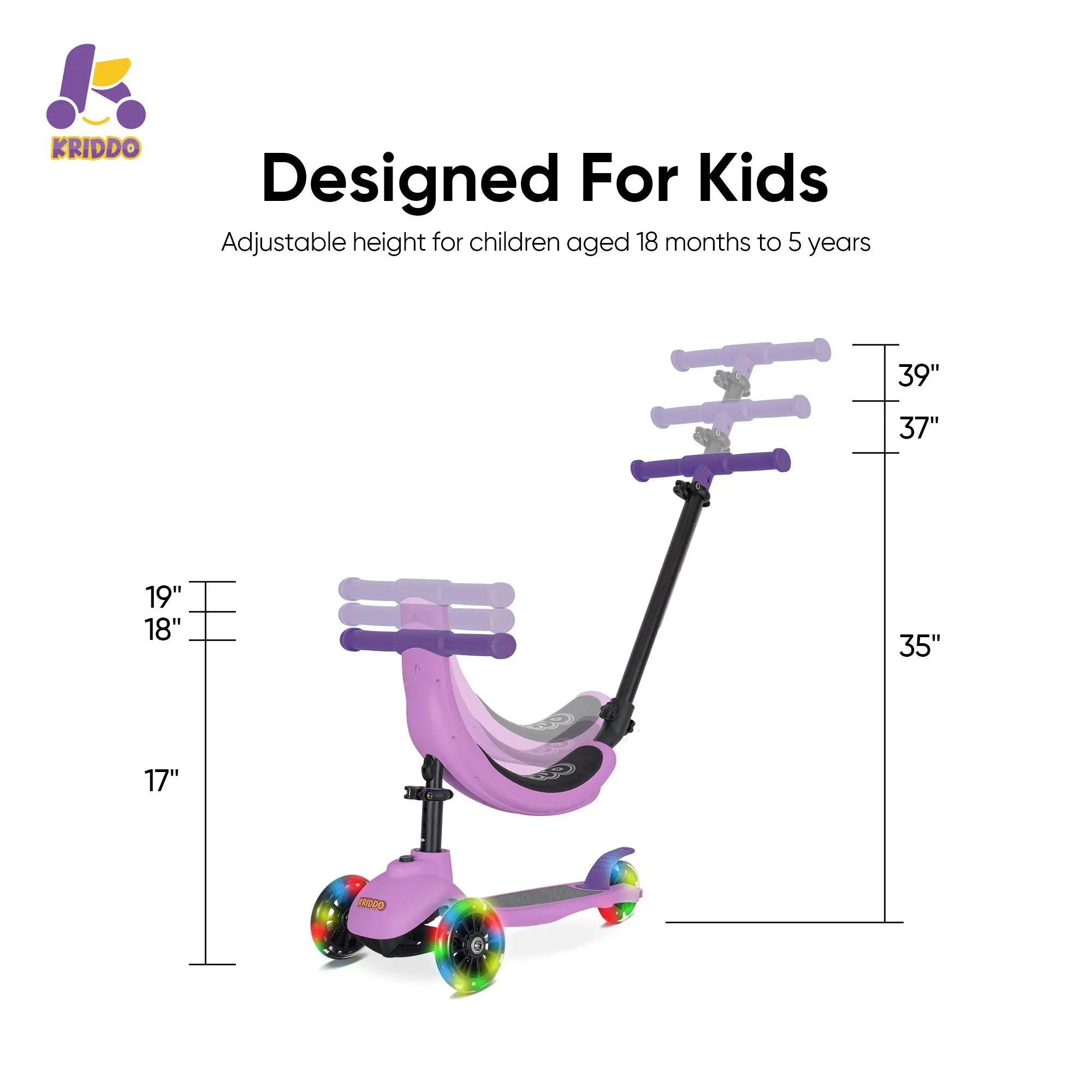 KRIDDO Kids Scooters with Removable Seat for 1.5 to 5 Years Old 5-in-1 Purple