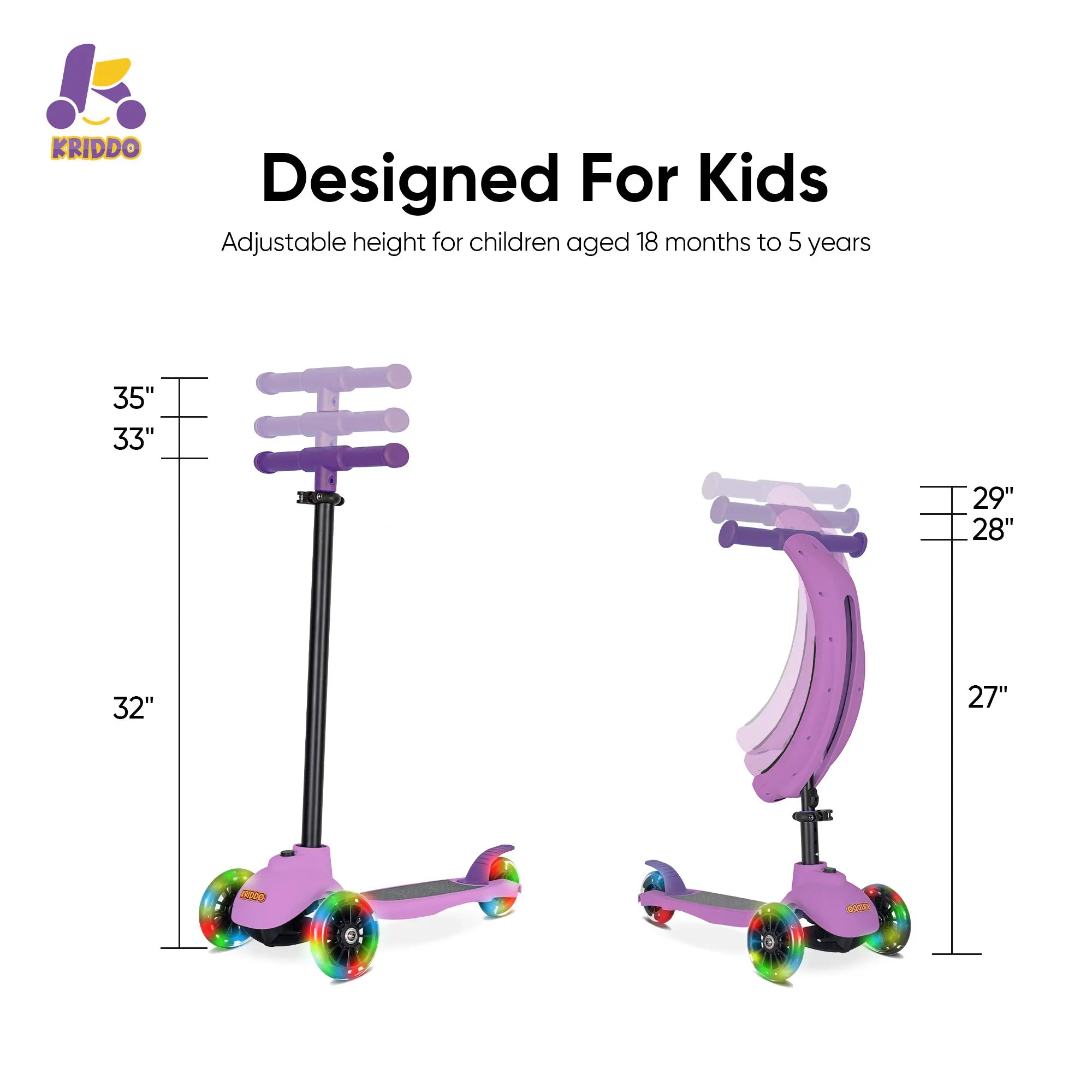 KRIDDO Kids Scooters with Removable Seat for 1.5 to 5 Years Old 5-in-1 Purple
