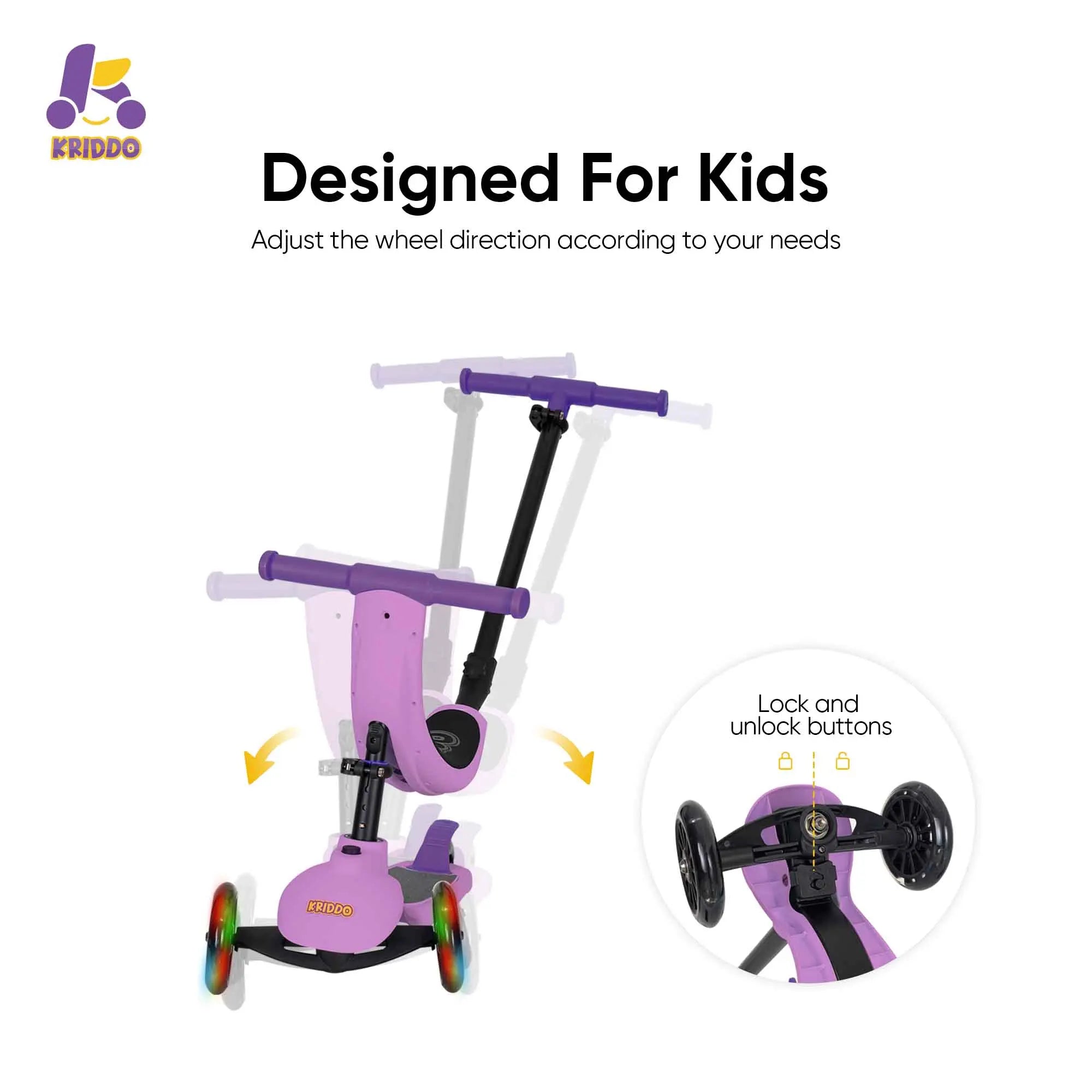 KRIDDO Kids Scooters with Removable Seat for 1.5 to 5 Years Old 5-in-1 Purple