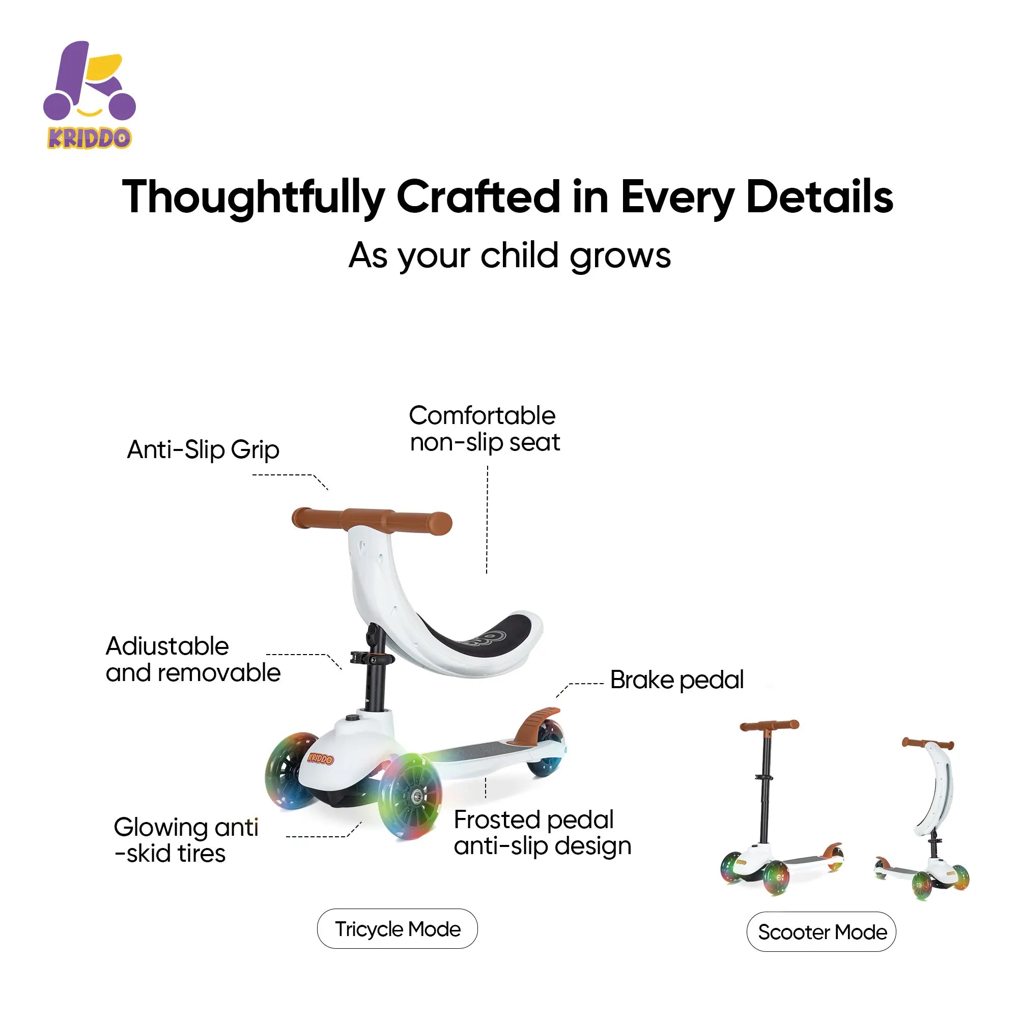 KRIDDO Kids Scooters with Removable Seat for 1 to 5 Years Old White 3-in-1