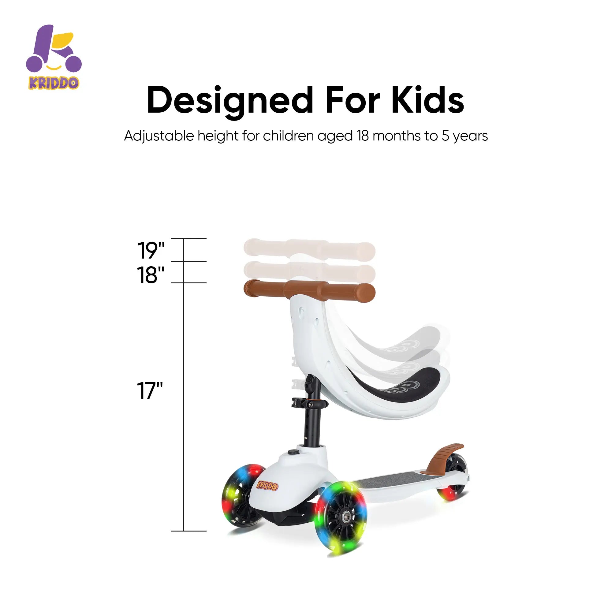 KRIDDO Kids Scooters with Removable Seat for 1 to 5 Years Old White 3-in-1