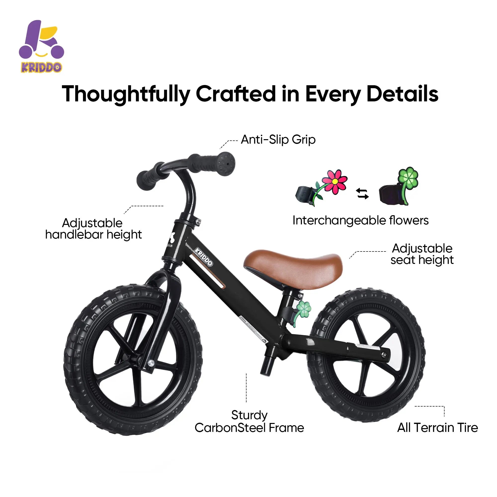 KRIDDO Toddler Balance Bike With Dual Bearing Wheels For 2 to 5 Years Old Black