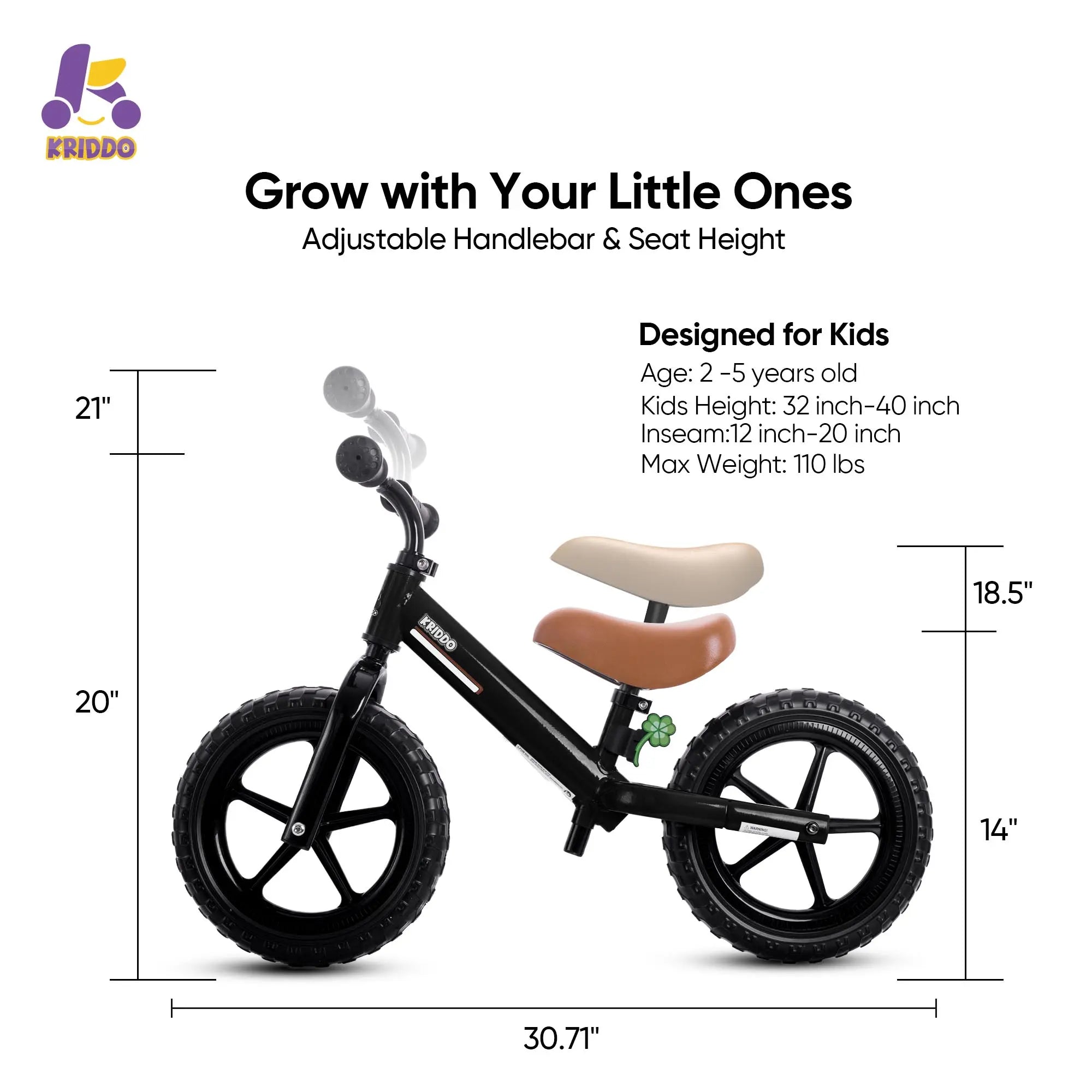 KRIDDO Toddler Balance Bike With Dual Bearing Wheels For 2 to 5 Years Old Black