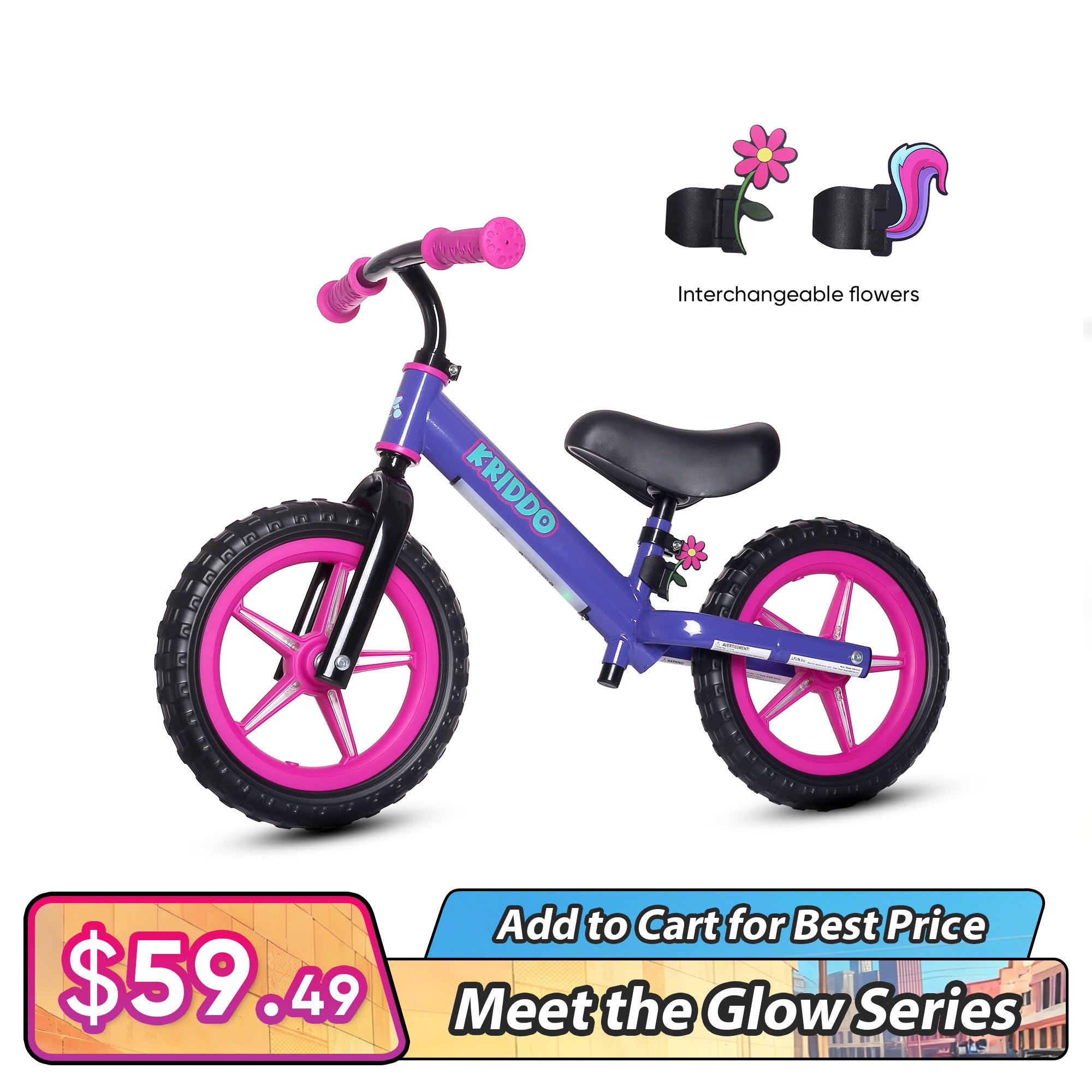 KRIDDO Toddler Light Up Balance Bike With Cute Accessories For 2-5 Years Old Purple