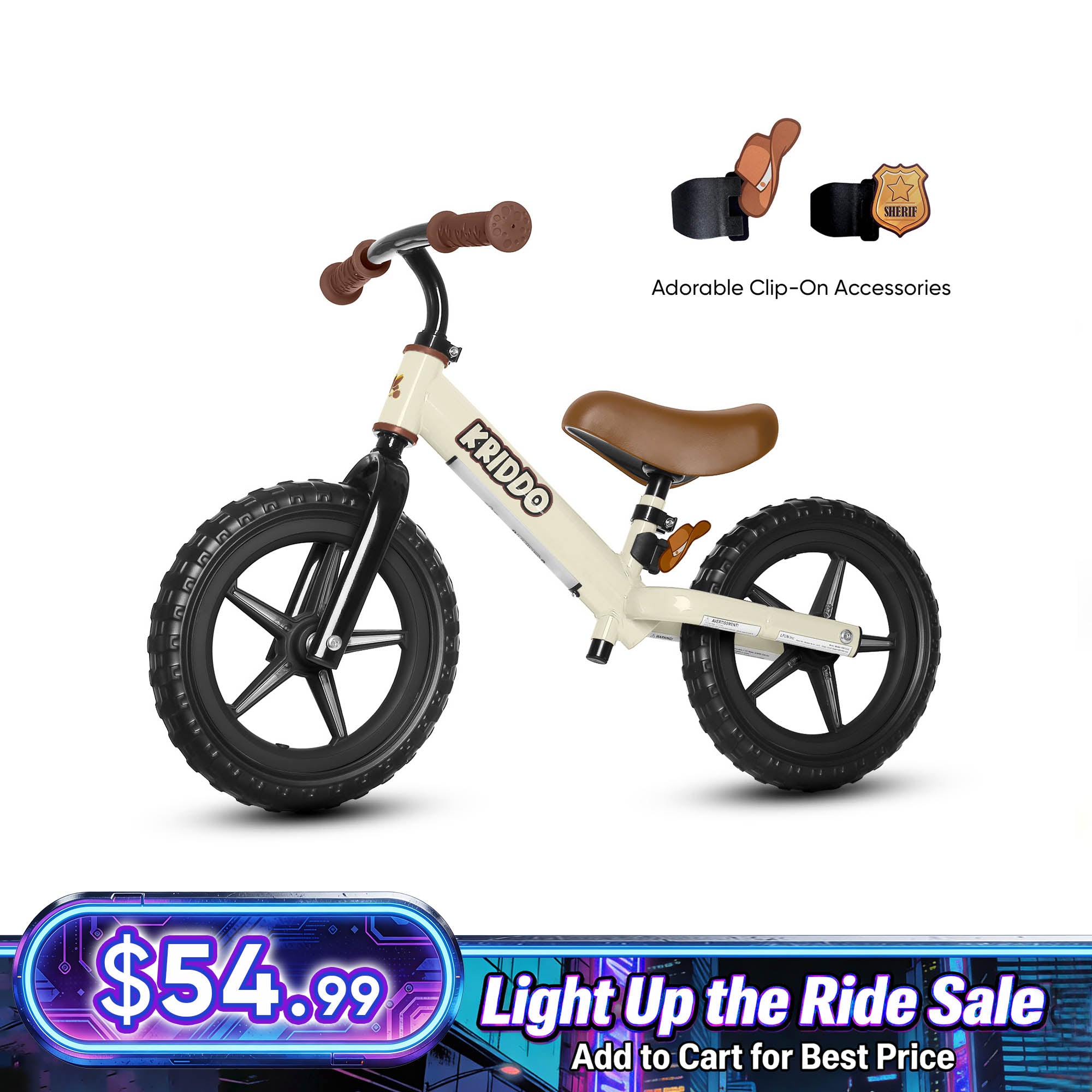 KRIDDO Toddler Light Up Balance Bike With Cute Accessories For 2-5 Years Old White