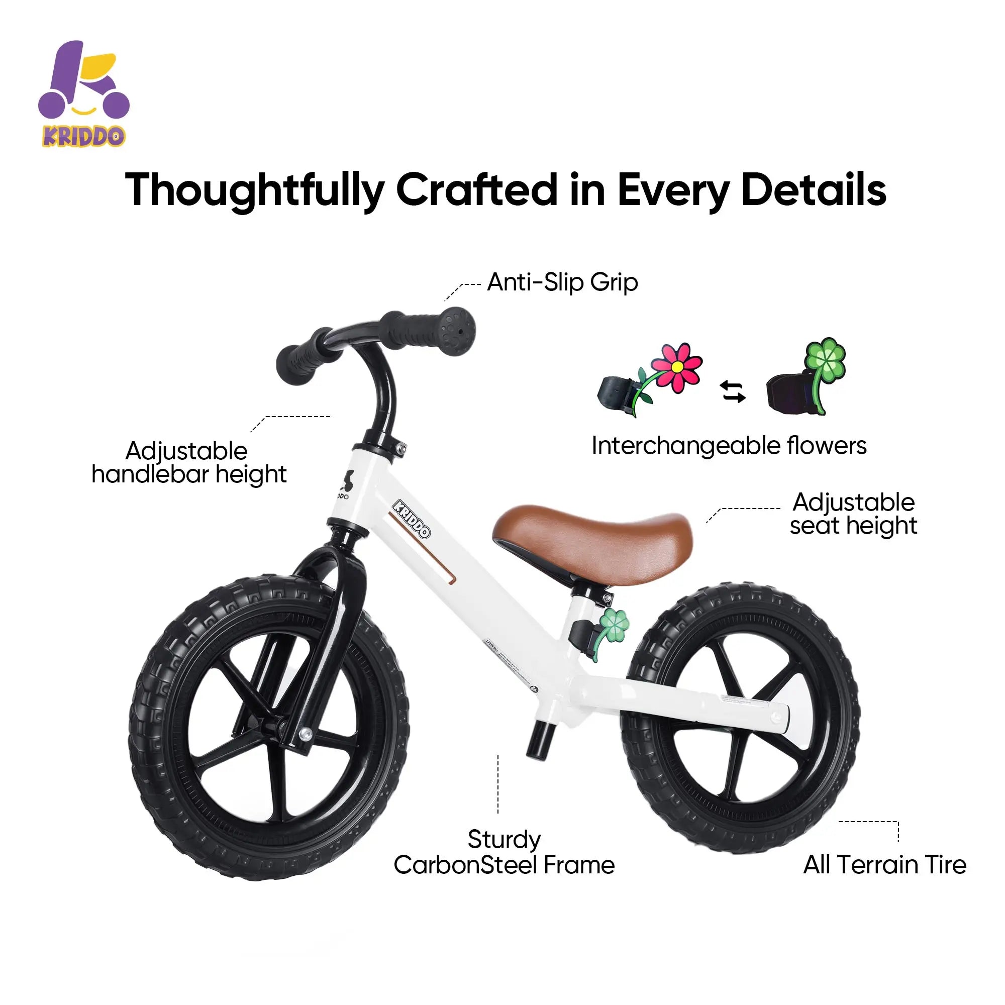 KRIDDO Toddler Balance Bike With Dual Bearing Wheels For 2 to 5 Years Old White