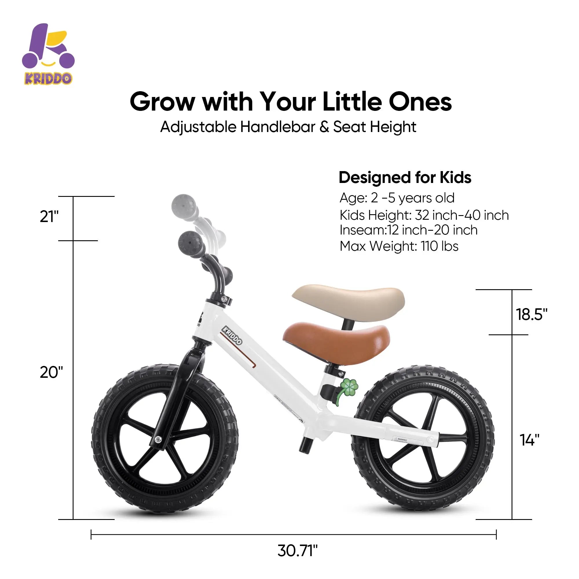 KRIDDO Toddler Balance Bike With Dual Bearing Wheels For 2 to 5 Years Old White