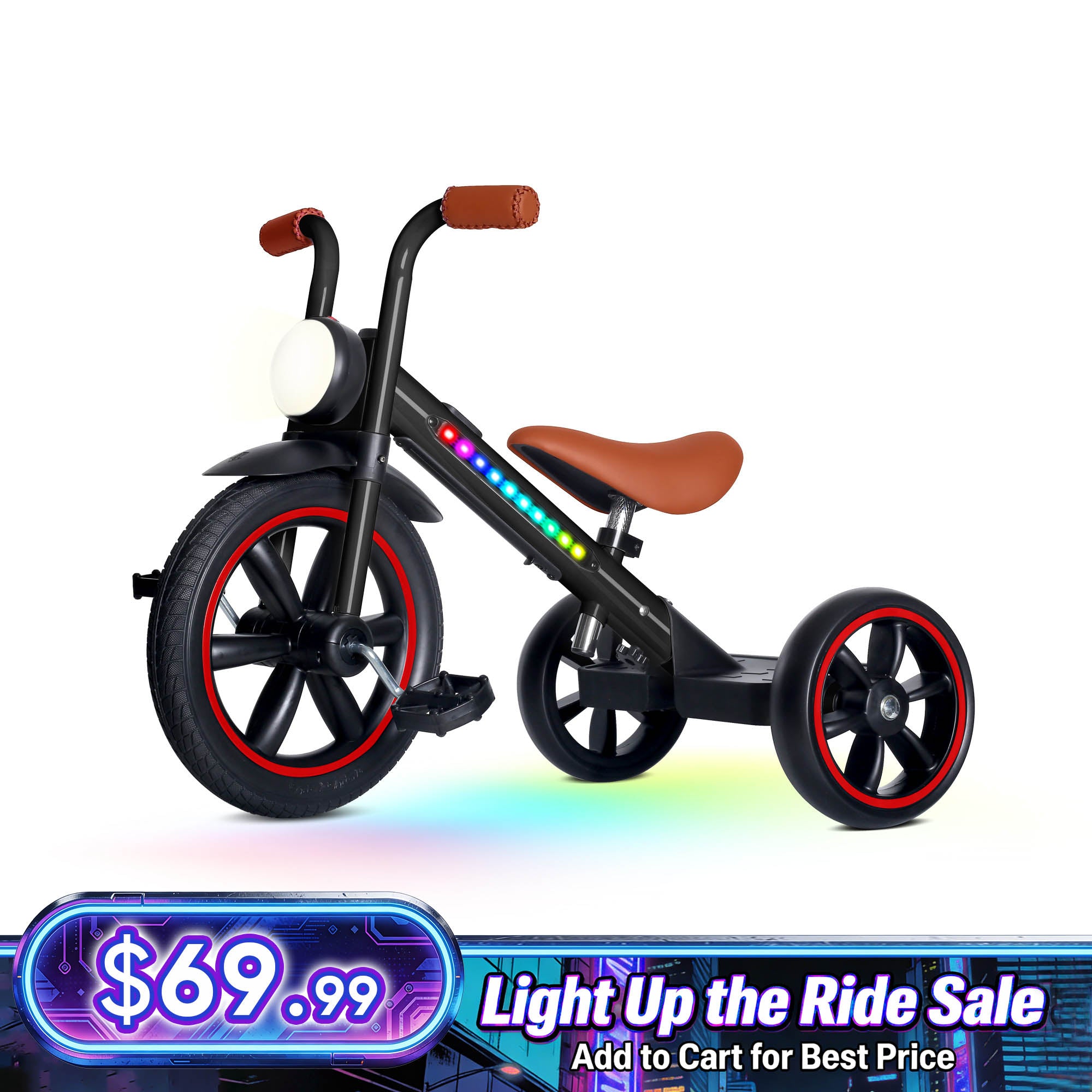 KRIDDO Kids Motorbike Style Light Up Tricycle with Front Light for 2 to 5 Years Old Black