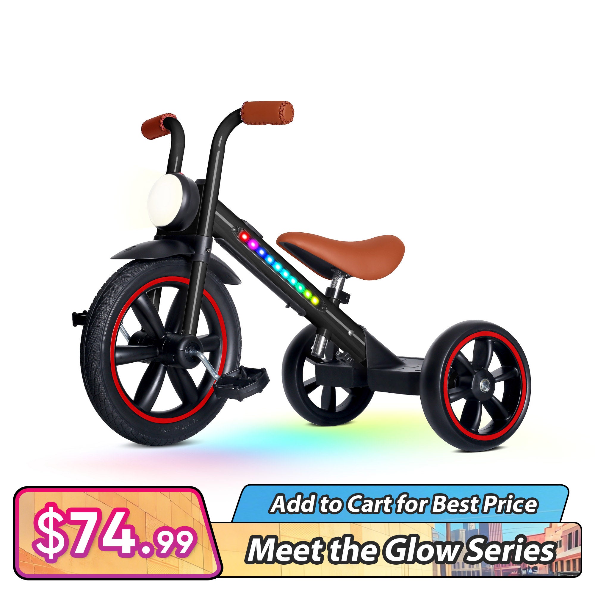 KRIDDO Kids Motorbike Style Light Up Tricycle with Front Light for 2 to 5 Years Old Black