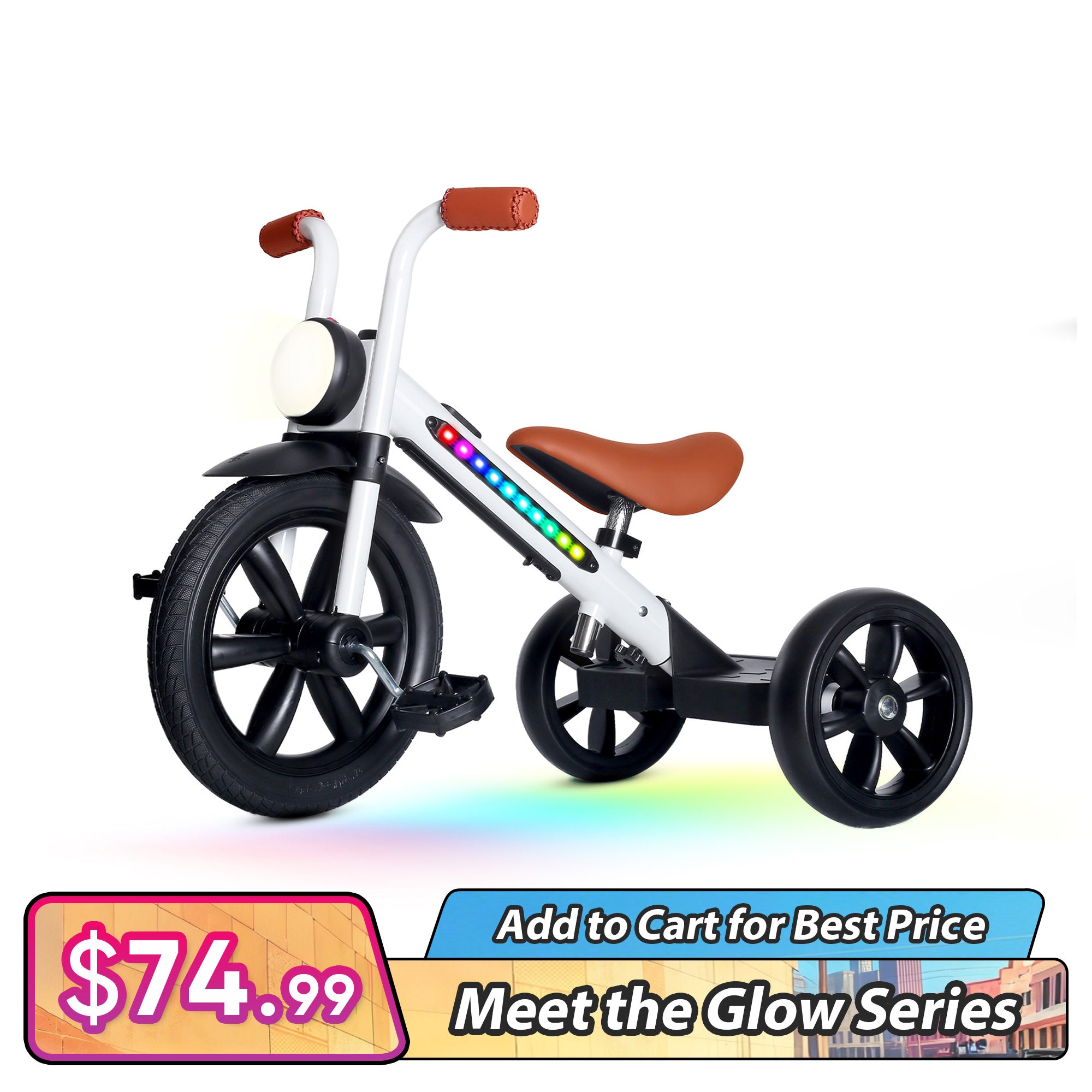 KRIDDO Kids Motorbike Style Light Up Tricycle with Front Light for 2 to 5 Years Old White