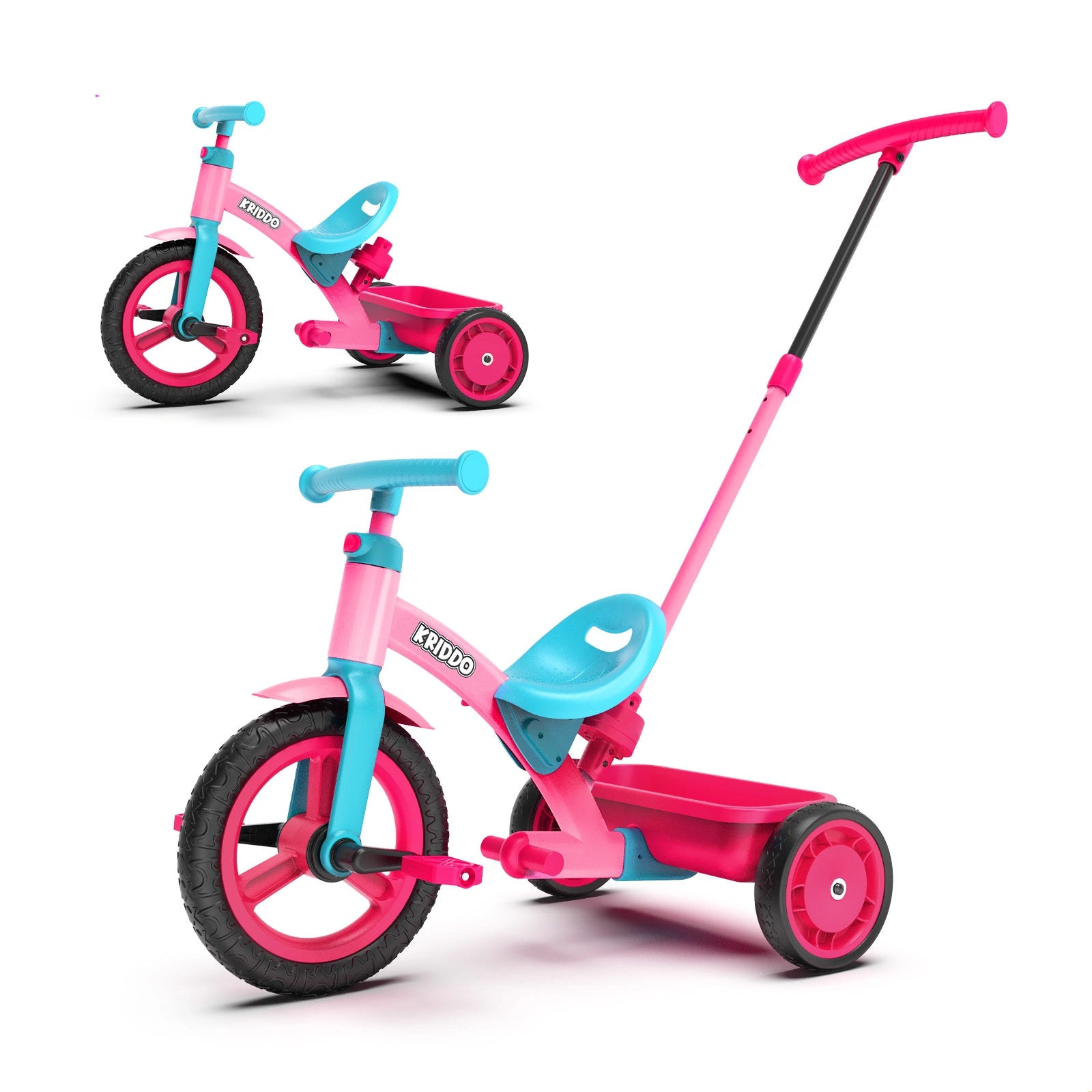 KRIDDO 4-IN-1 Kids Tricycle with Adjustable Parent Handle for 2 to 5 Years Old