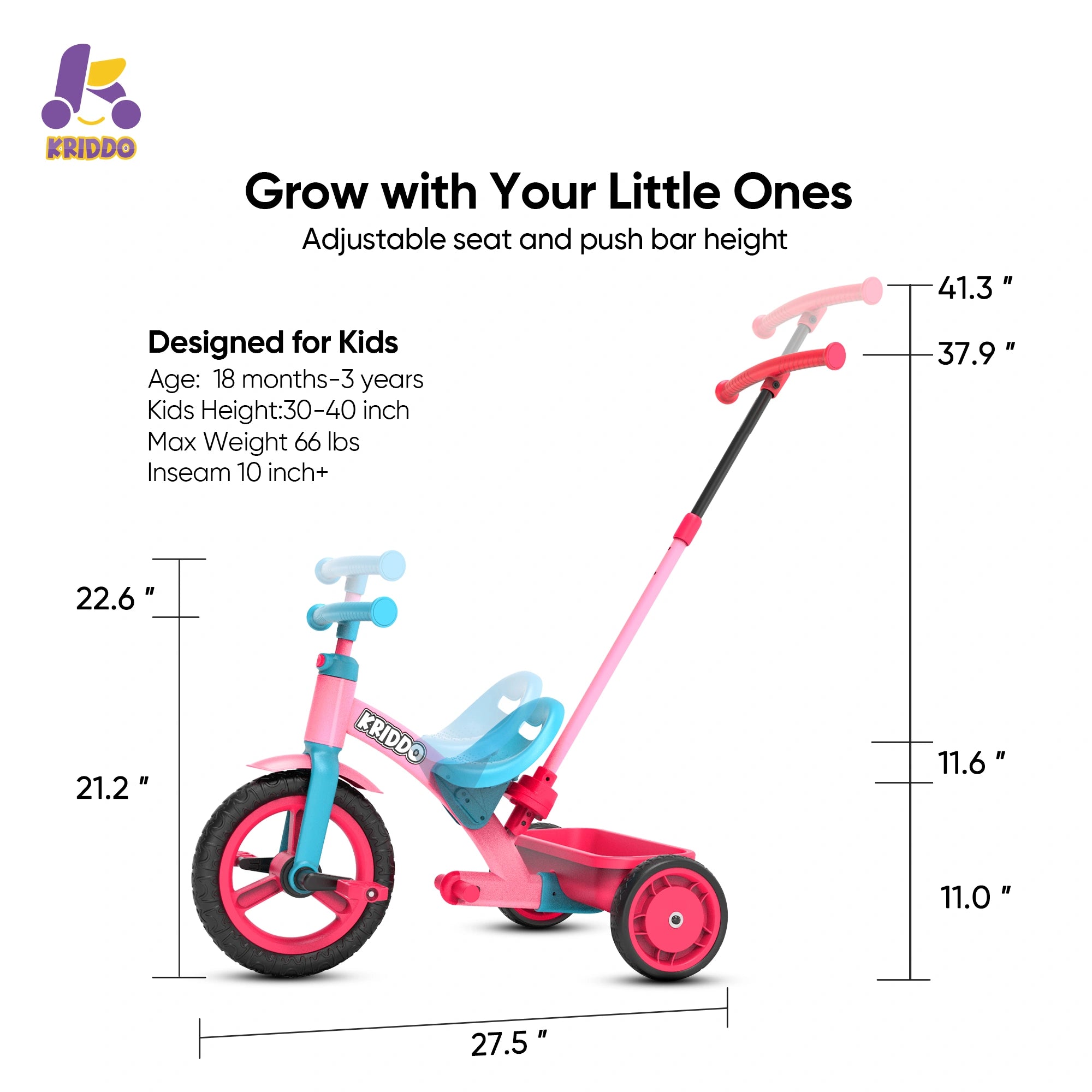 KRIDDO 4-IN-1 Kids Tricycle with Adjustable Parent Handle for 2 to 5 Years Old