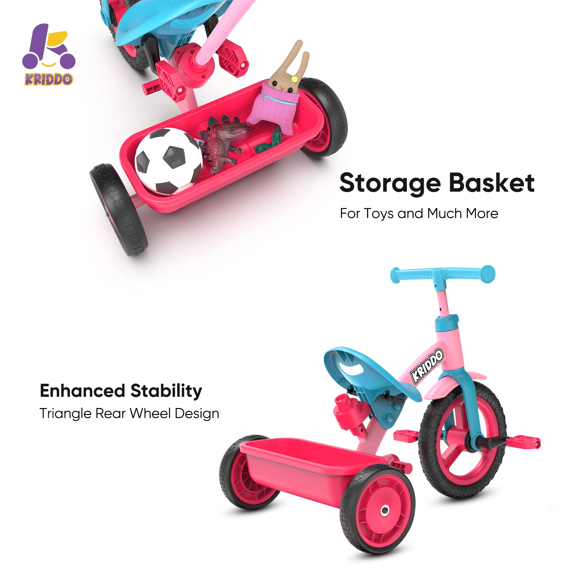 KRIDDO 4-IN-1 Kids Tricycle with Adjustable Parent Handle for 2 to 5 Years Old