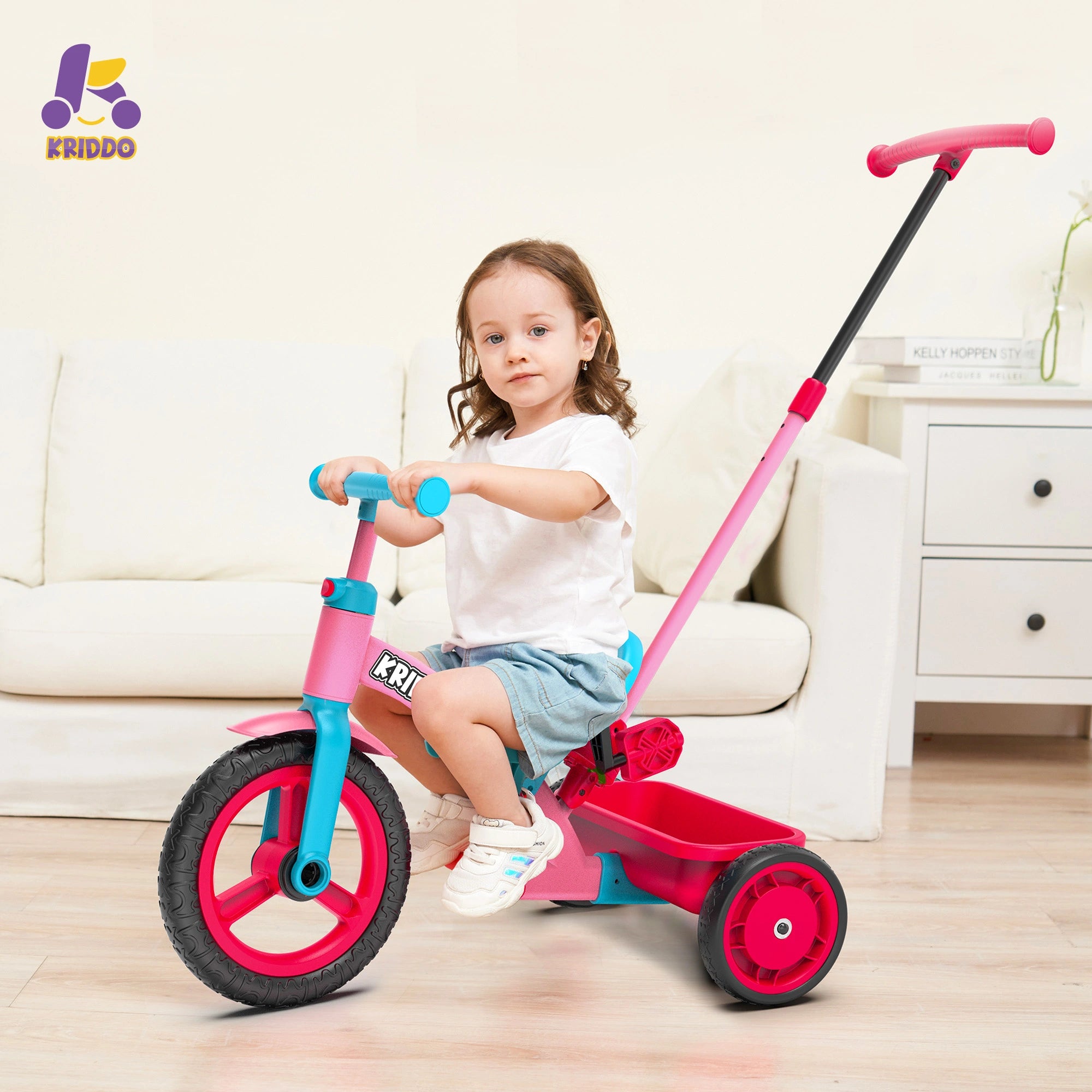 KRIDDO 4-IN-1 Kids Tricycle with Adjustable Parent Handle for 2 to 5 Years Old