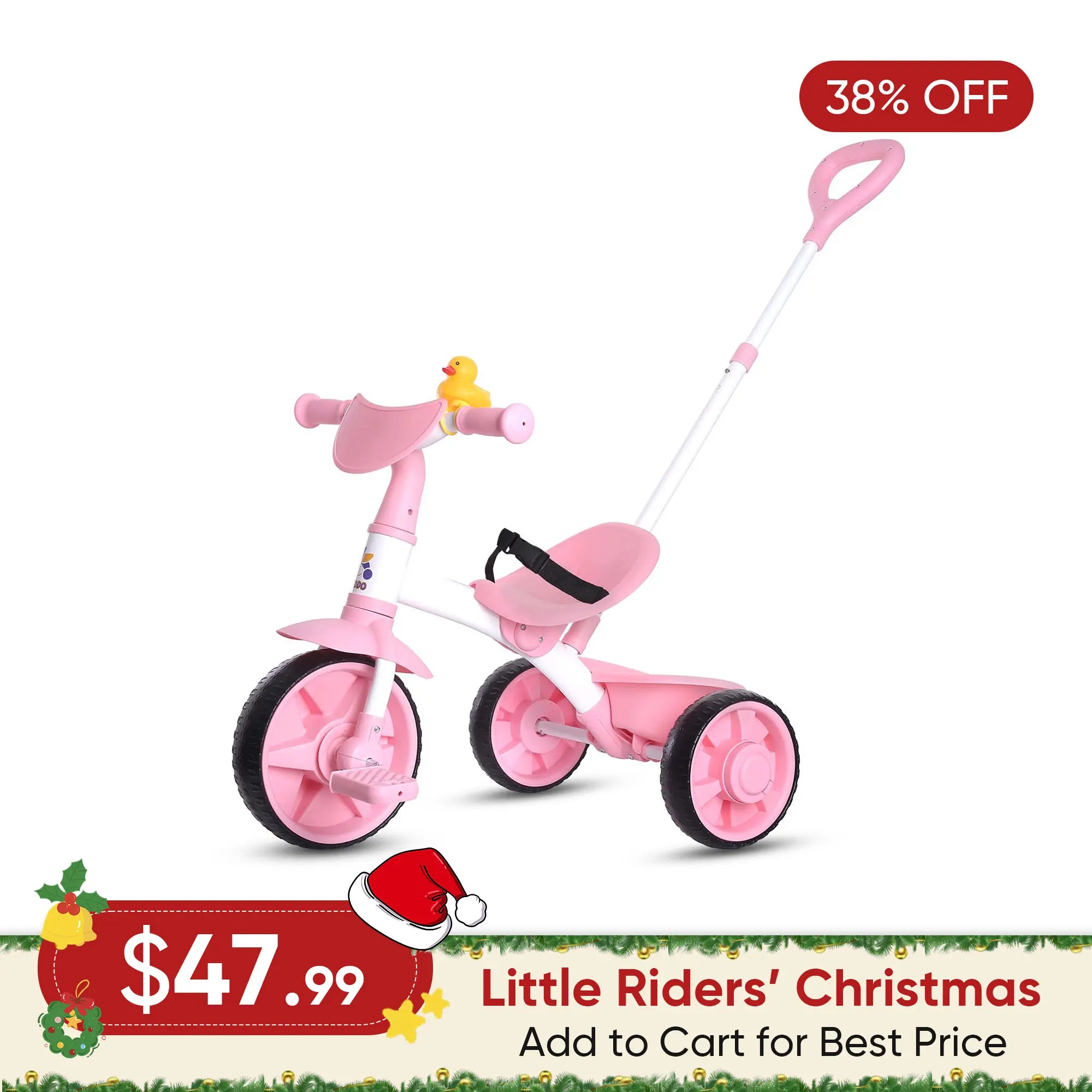KRIDDO 2-in-1 Pink Toddler Trike with Parent Handle