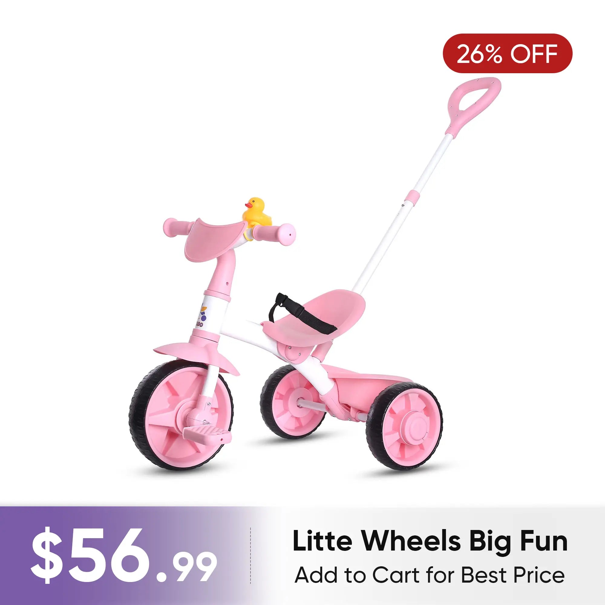 KRIDDO 2-in-1 Pink Toddler Trike with Parent Handle
