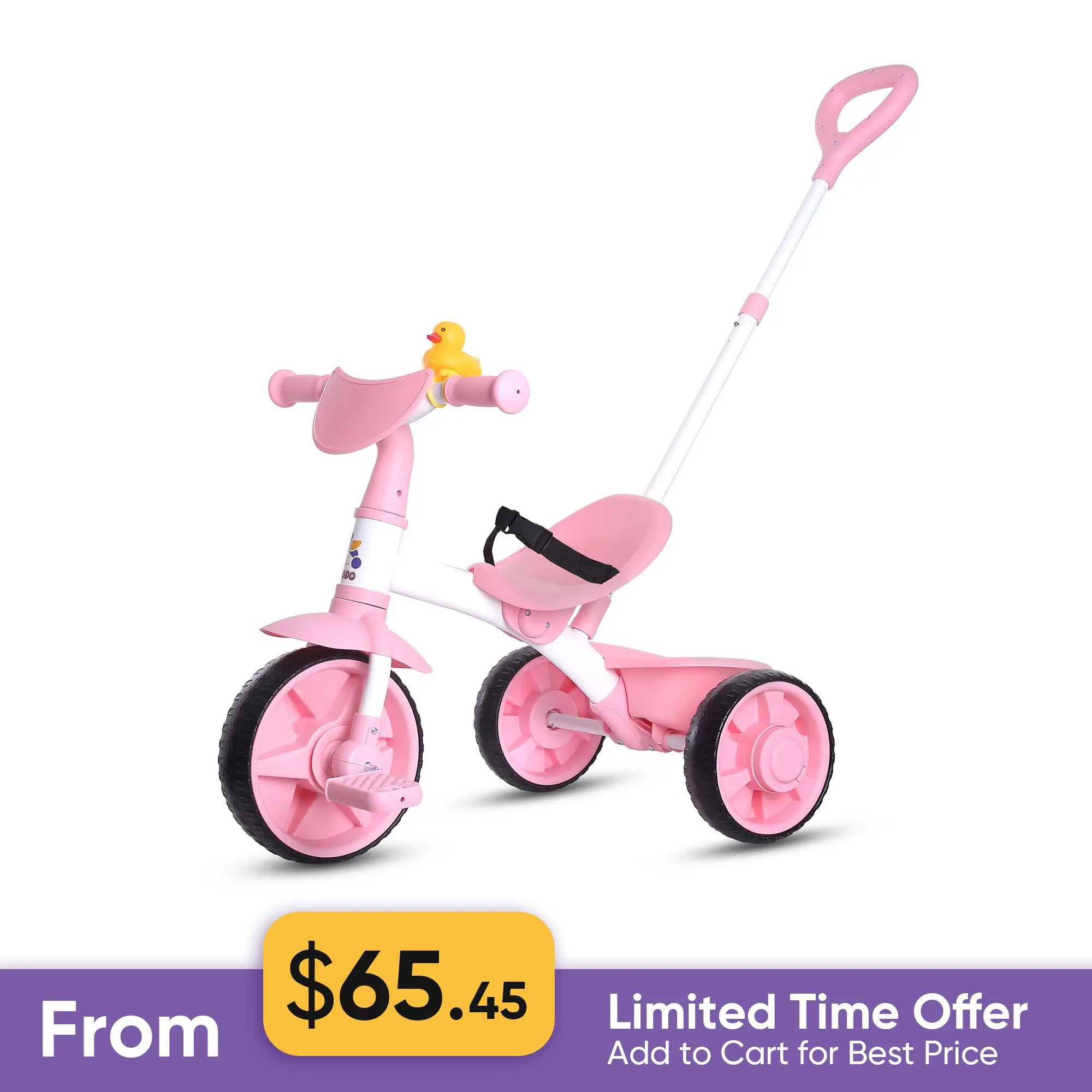KRIDDO 2-in-1 Pink Toddler Trike with Parent Handle