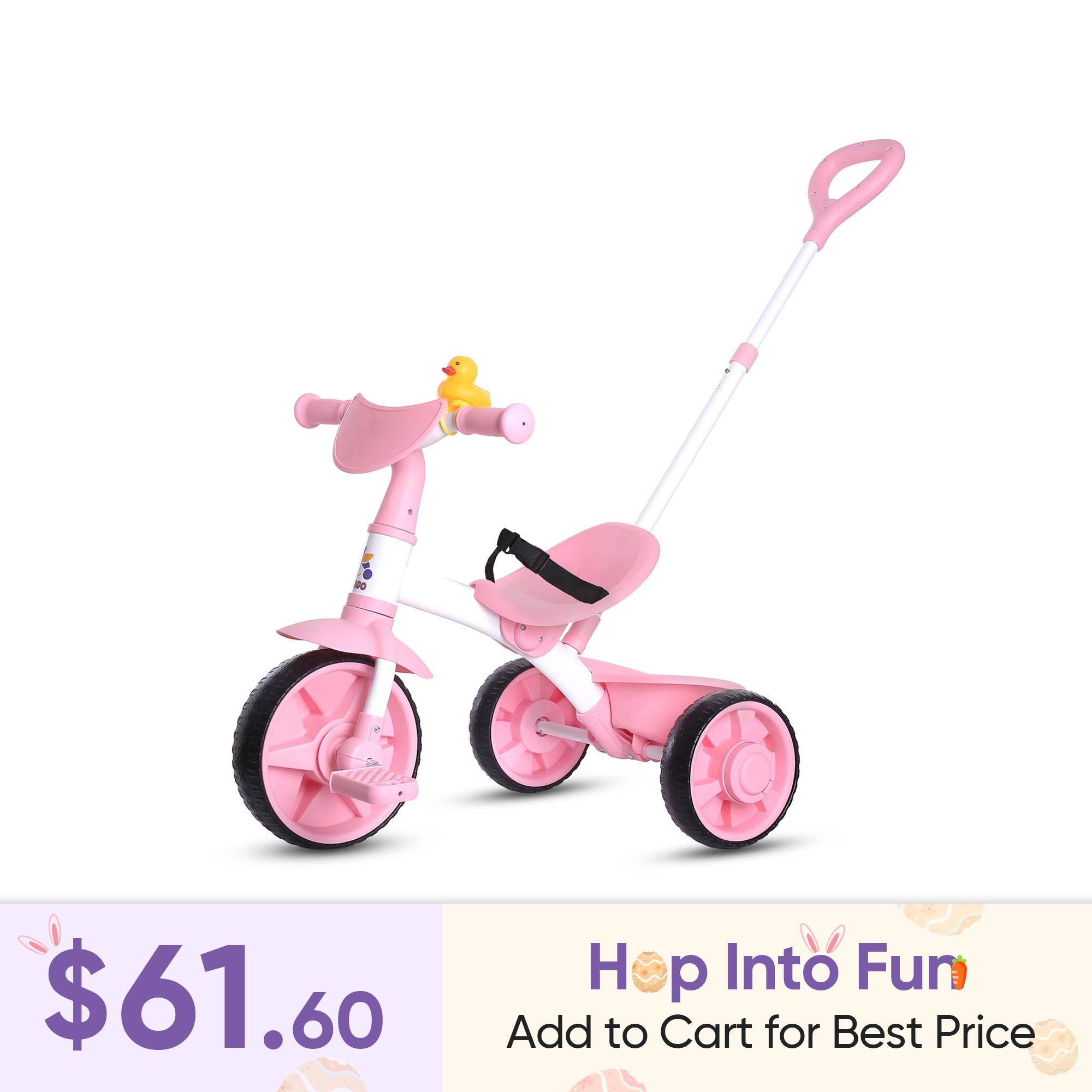 KRIDDO 2-in-1 Pink Toddler Trike with Parent Handle