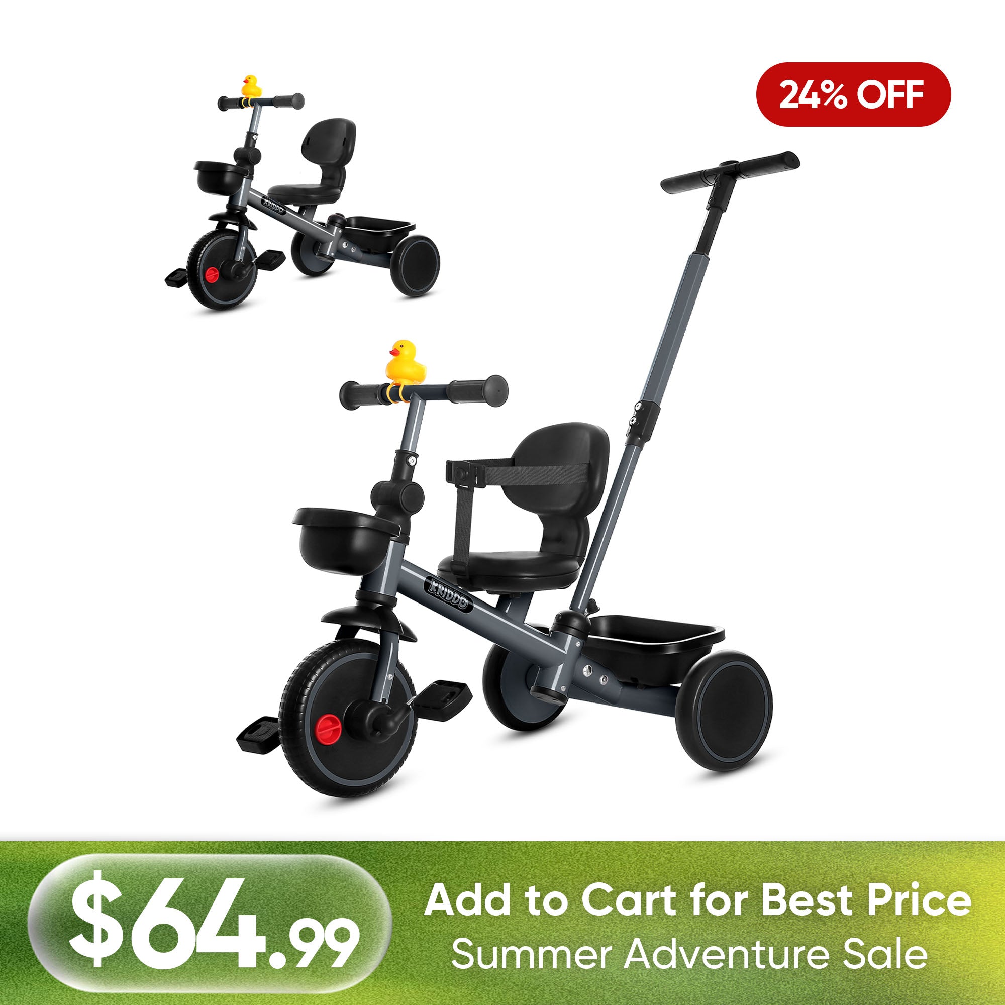 KRIDDO 2-in-1 Kids Tricycle with Steering Push Handle for Ages 18 Months to 5 Years Grey
