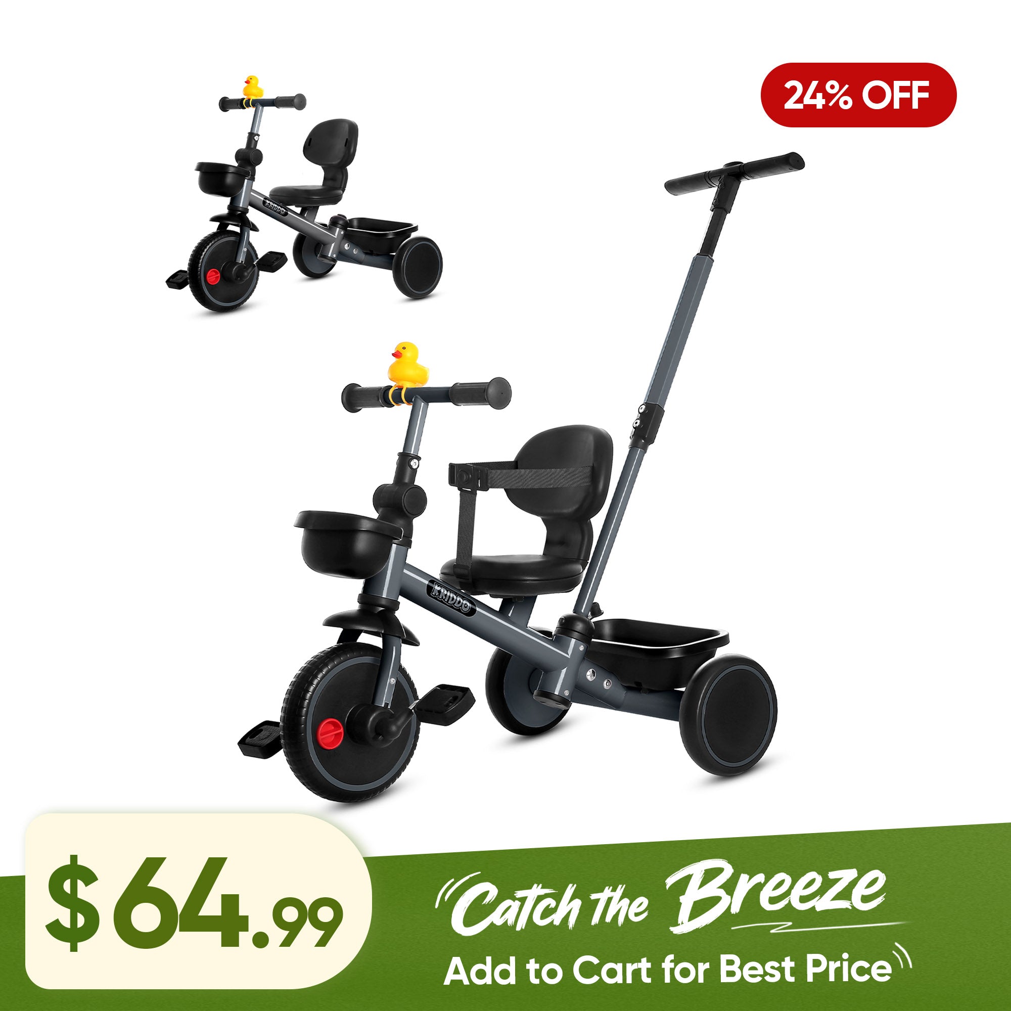 KRIDDO 2-in-1 Kids Tricycle with Steering Push Handle for Ages 18 Months to 5 Years Grey