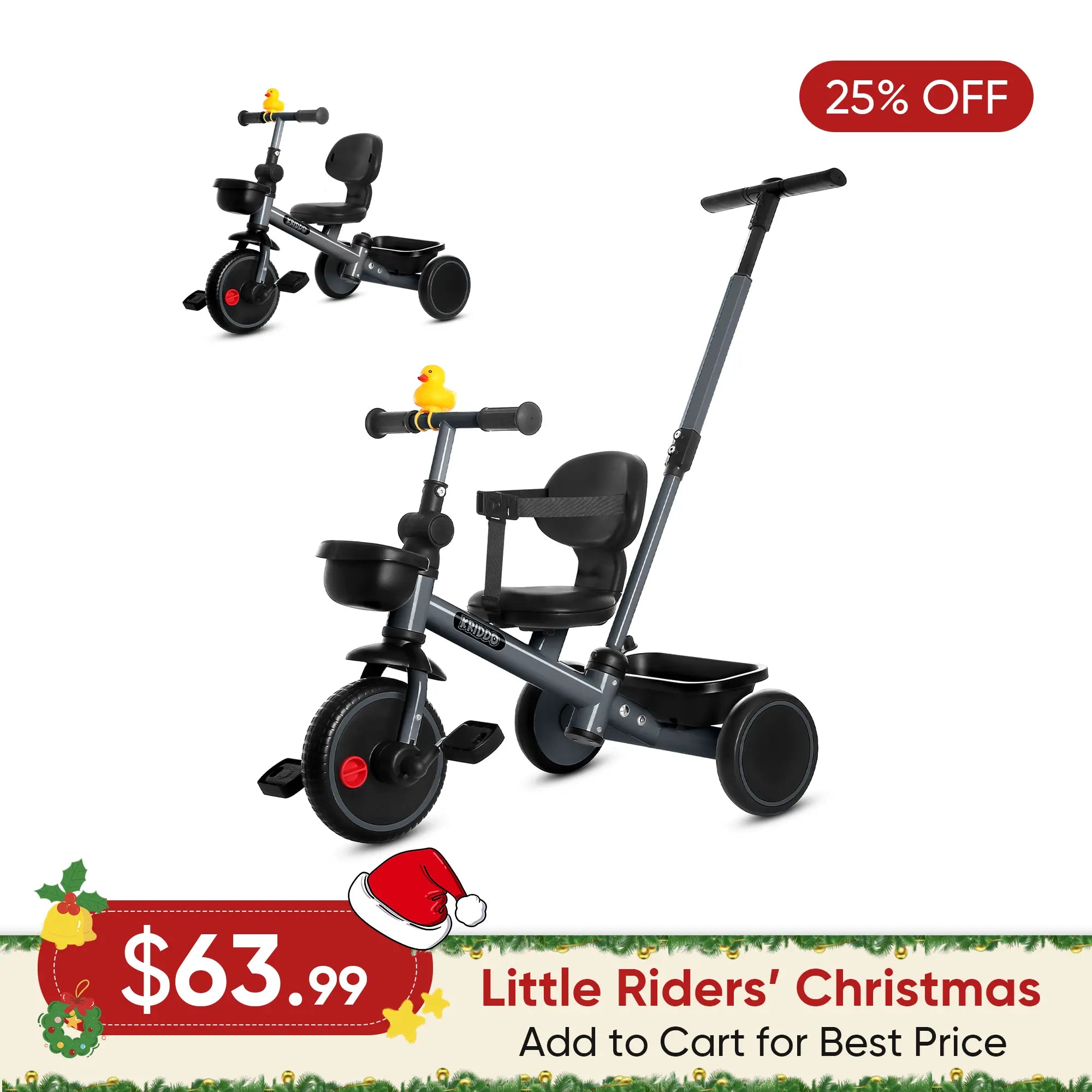 KRIDDO 2-in-1 Kids Tricycle with Steering Push Handle for Ages 18 Months to 5 Years Grey