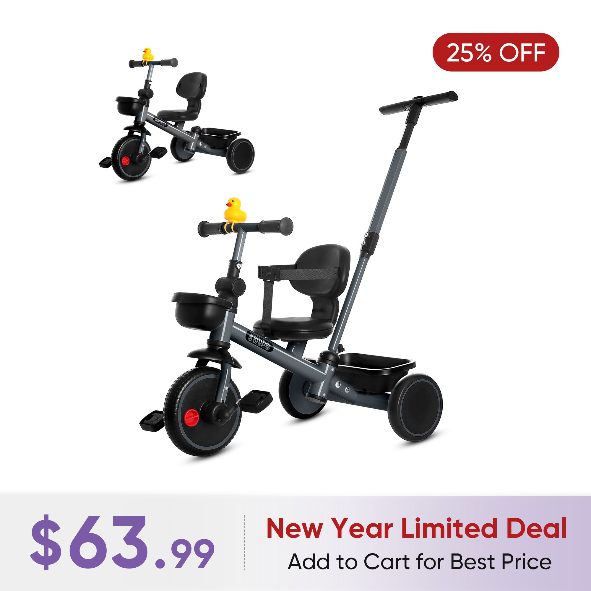 KRIDDO 2-in-1 Kids Tricycle with Steering Push Handle for Ages 18 Months to 5 Years Grey