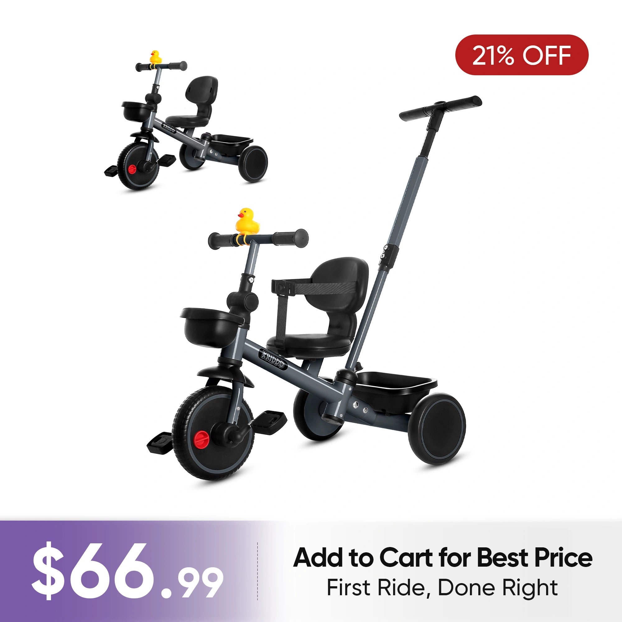 KRIDDO 2-in-1 Kids Tricycle with Steering Push Handle for Ages 18 Months to 5 Years Grey