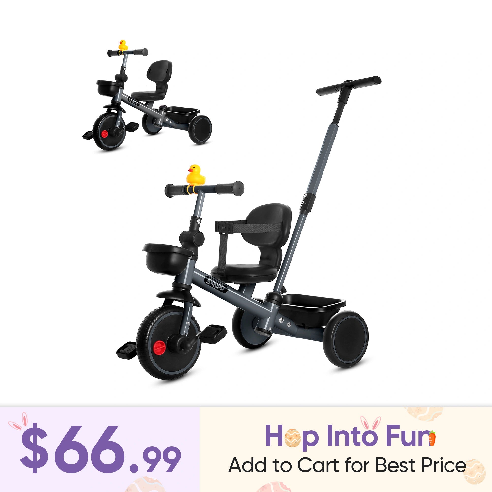KRIDDO 2-in-1 Kids Tricycle with Steering Push Handle for Ages 18 Months to 5 Years Grey