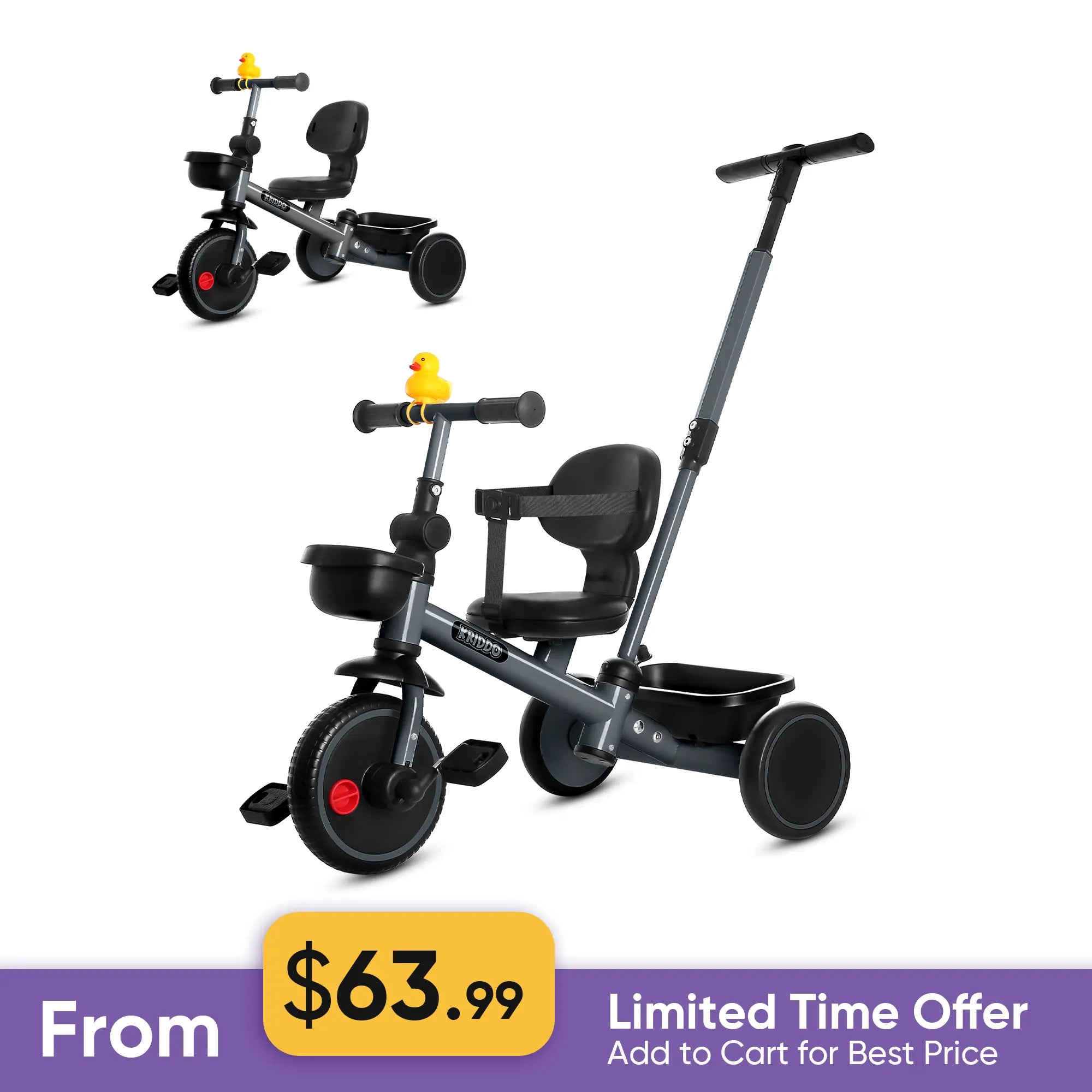KRIDDO 2-in-1 Kids Tricycle with Steering Push Handle for Ages 18 Months to 5 Years