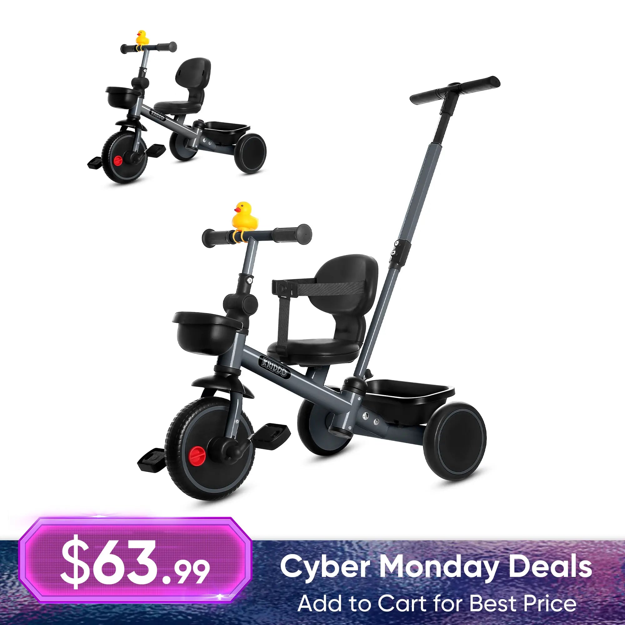 KRIDDO 2-in-1 Kids Tricycle with Steering Push Handle for Ages 18 Months to 5 Years