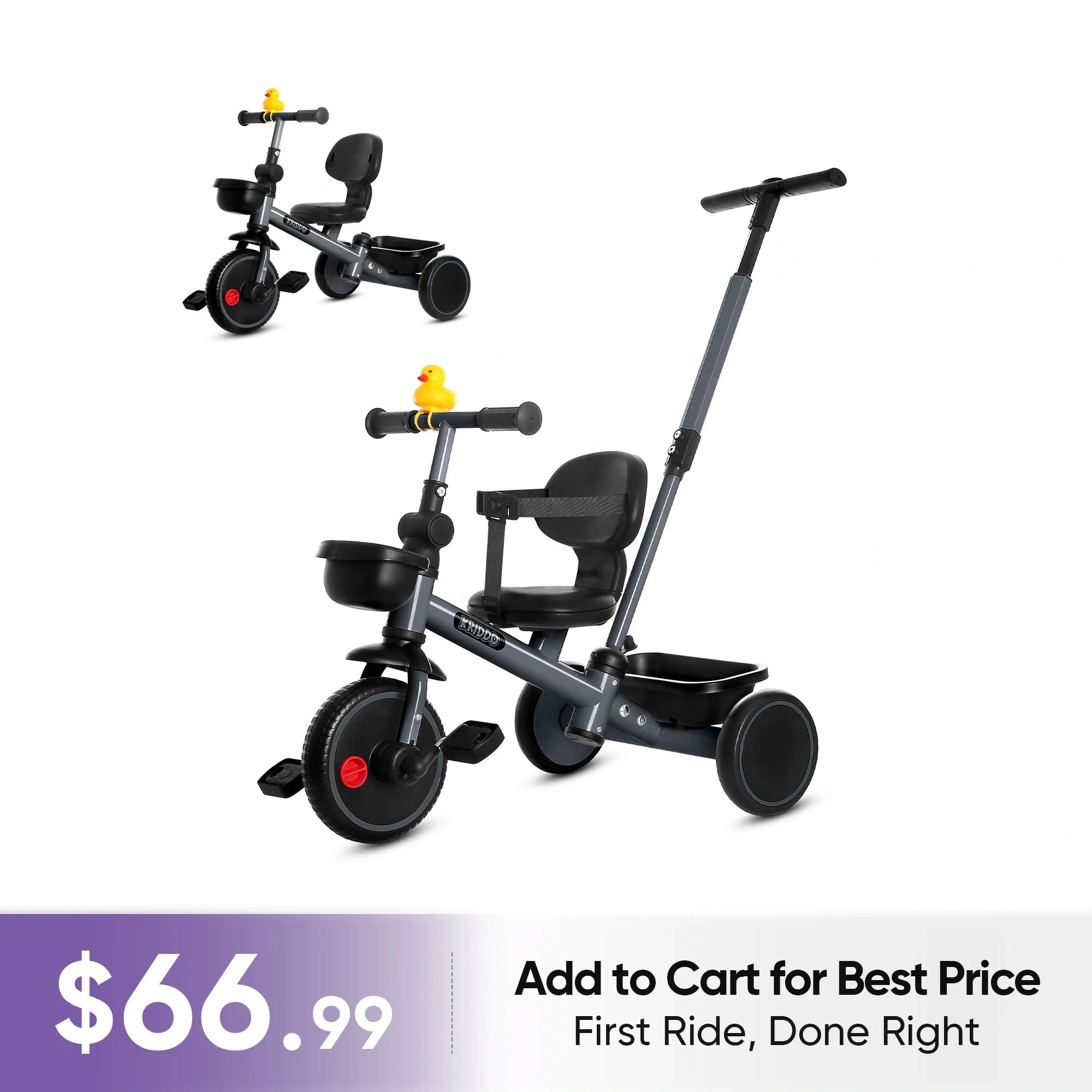 KRIDDO 2-in-1 Kids Tricycle with Steering Push Handle for Ages 18 Months to 5 Years Grey