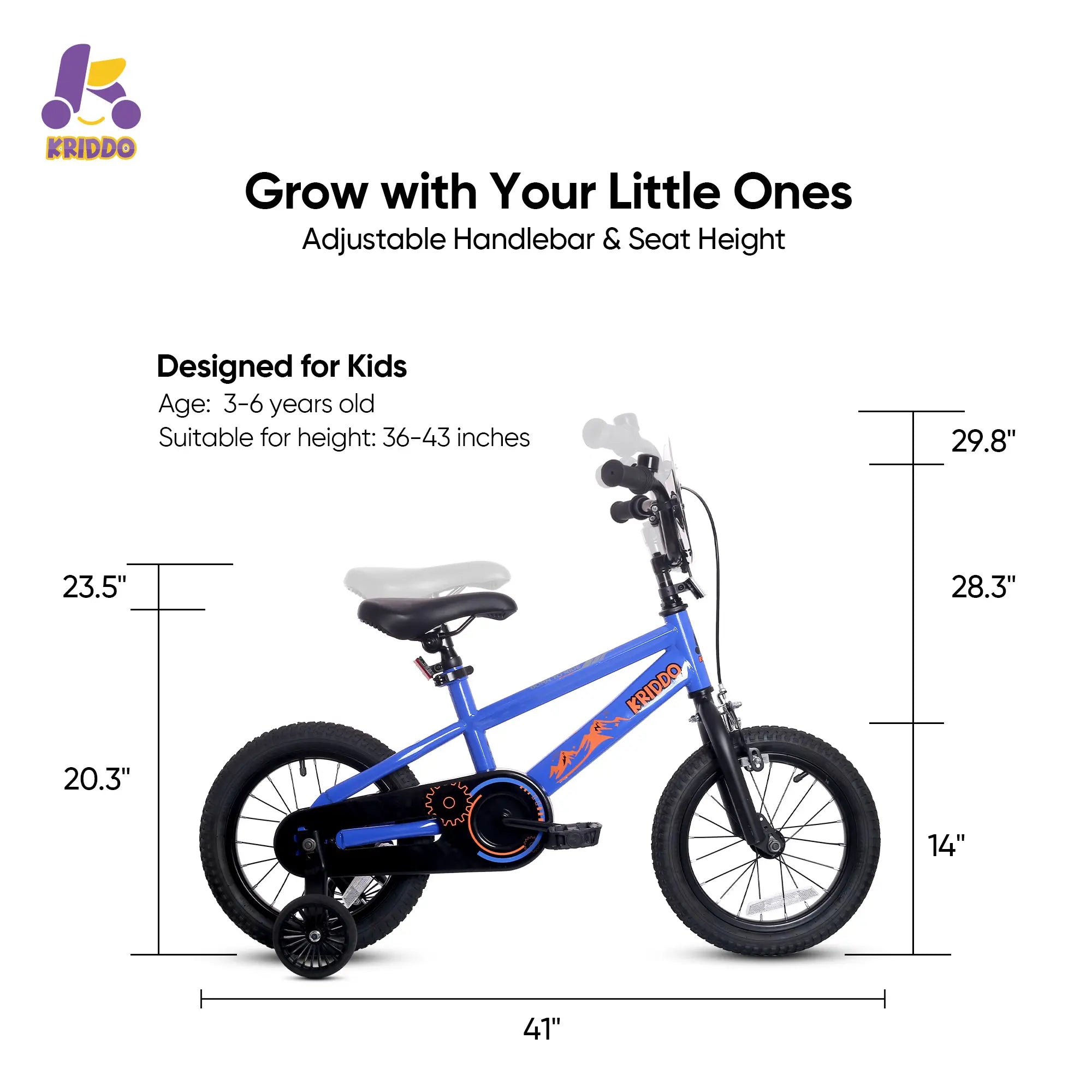 KRIDDO 14 Inch Bike with Training Wheels for 4 to 8 Years Old Blue