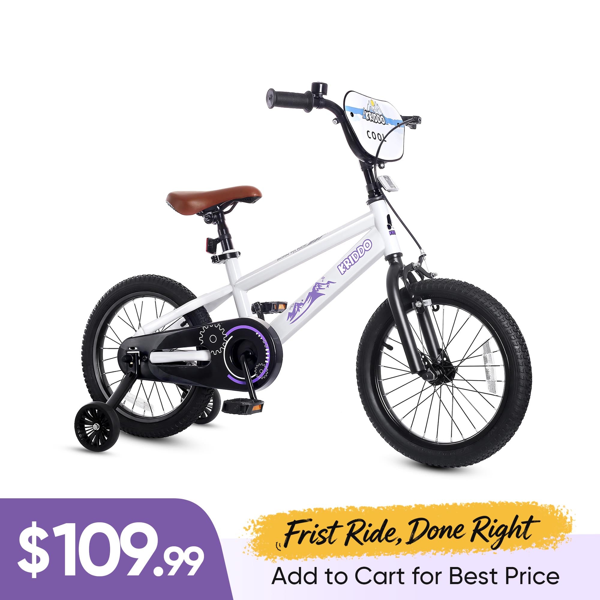 KRIDDO 16 Inch Bike with Training Wheels for 4 to 8 Years Old White
