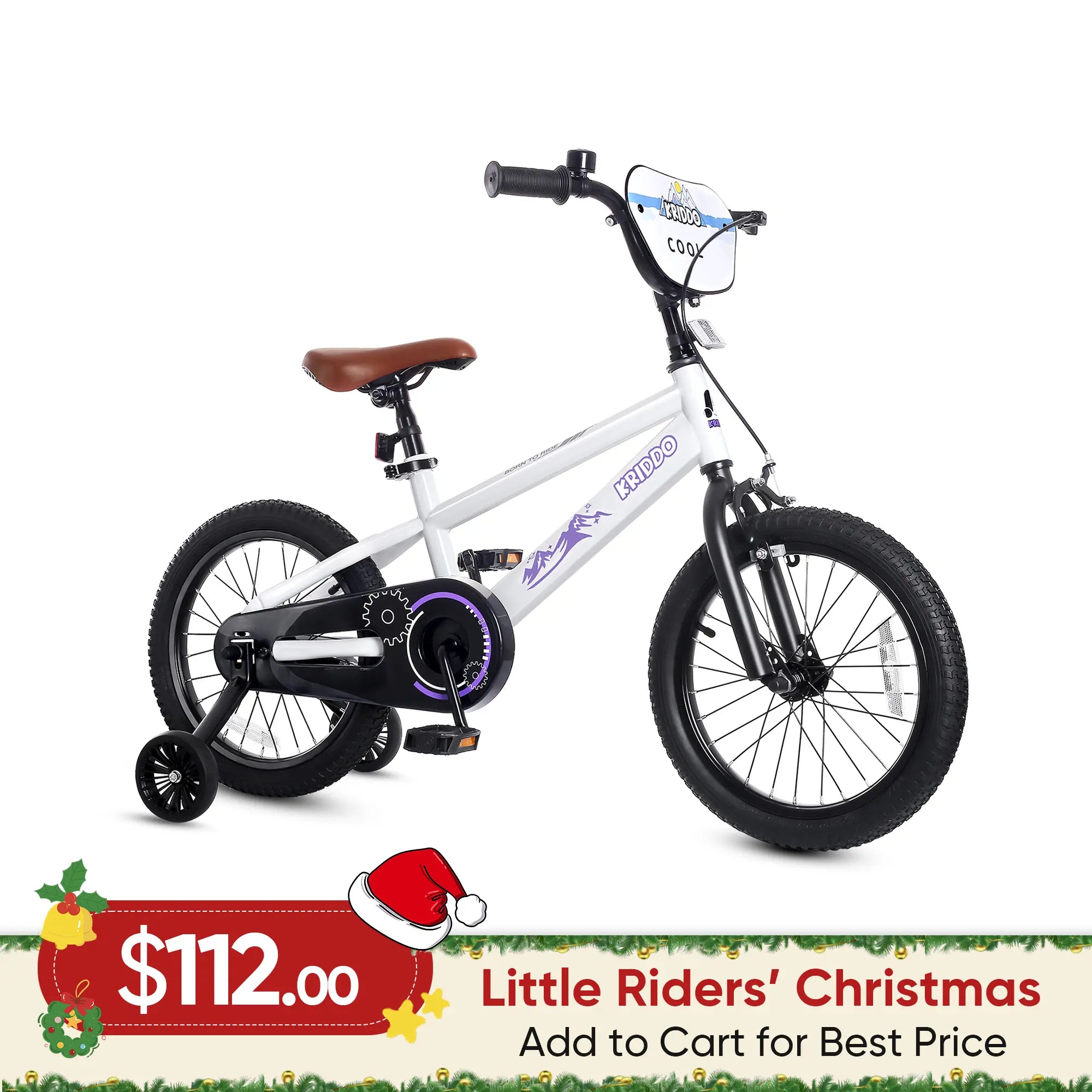 KRIDDO 16 Inch Bike with Training Wheels for 4 to 8 Years Old White