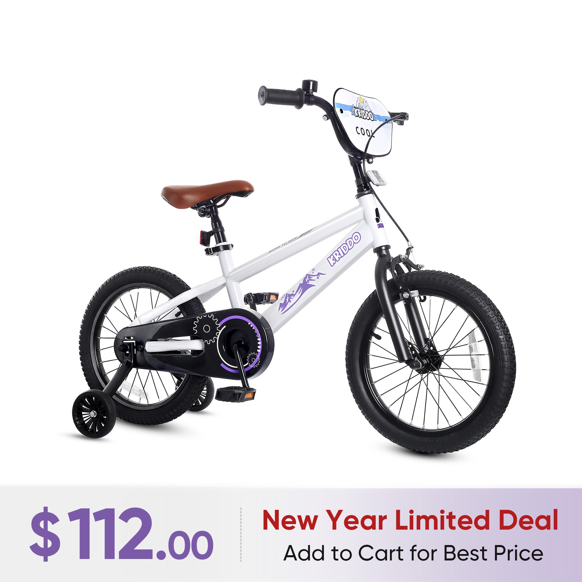 KRIDDO 16 Inch Bike with Training Wheels for 4 to 8 Years Old White