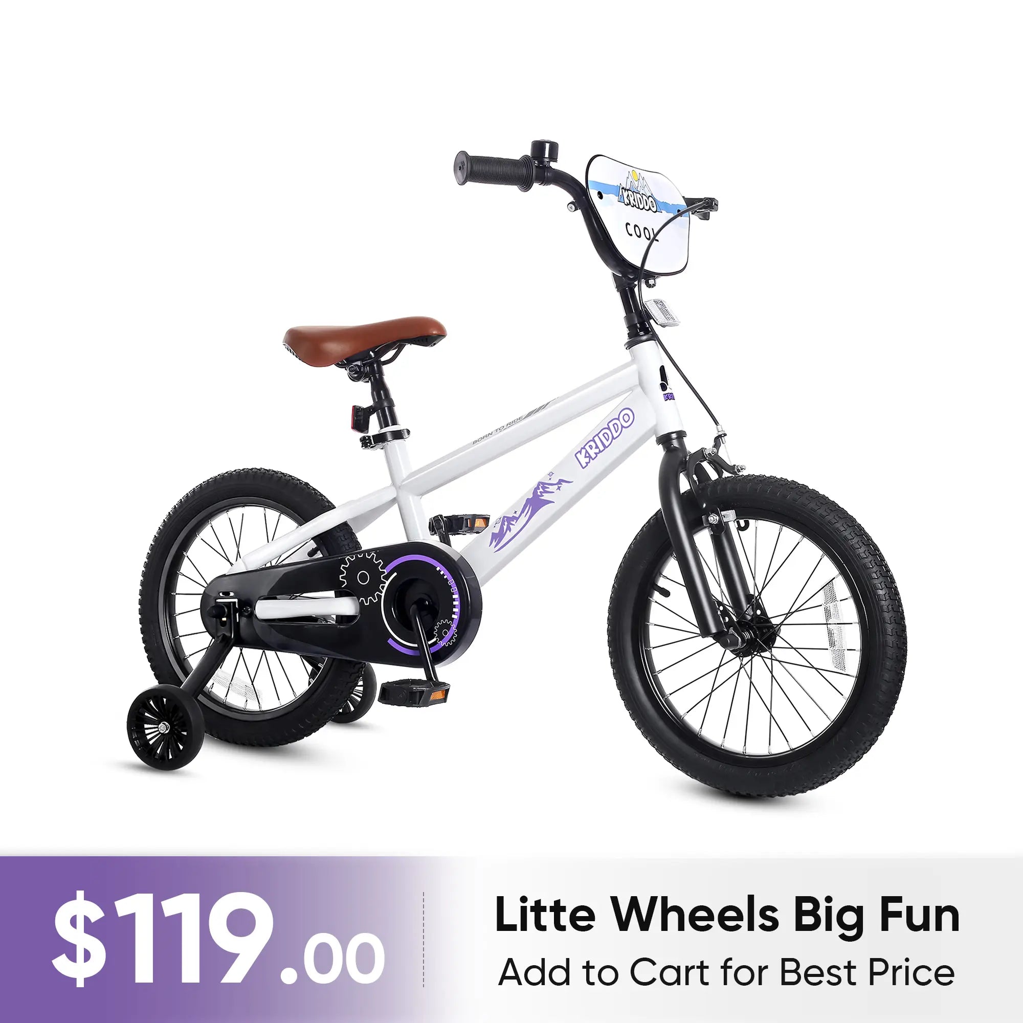 KRIDDO 16 Inch Bike with Training Wheels for 4 to 8 Years Old White